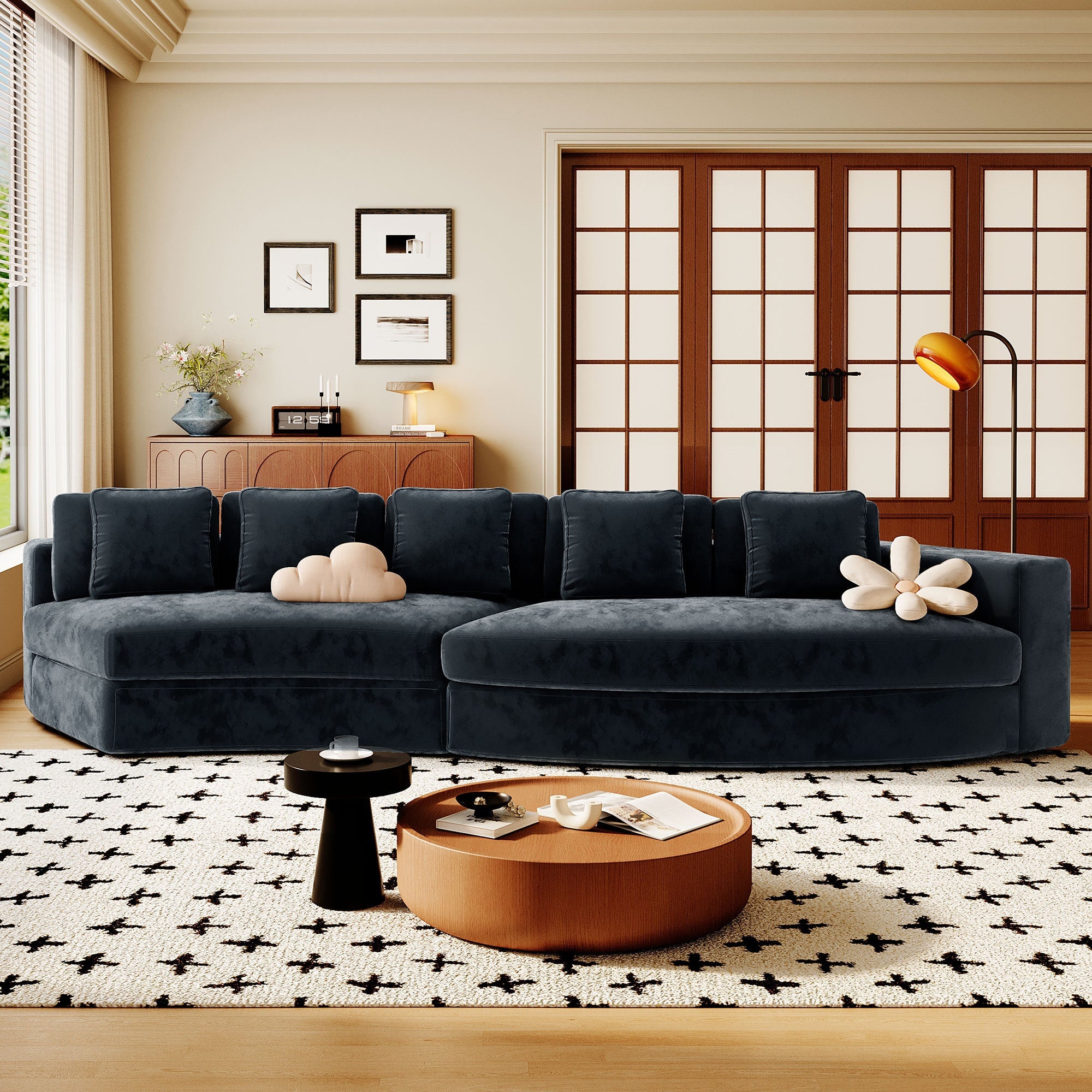 U_Style 115.7' Pure Foam Modular Sofa, 2-Piece Set with 5 Cushions, 4-Seater, Chenille Jacquard Fabric, Curved Design, No Assembly Required, Soft Upholstered Sofa for Living Room & Bedroom
