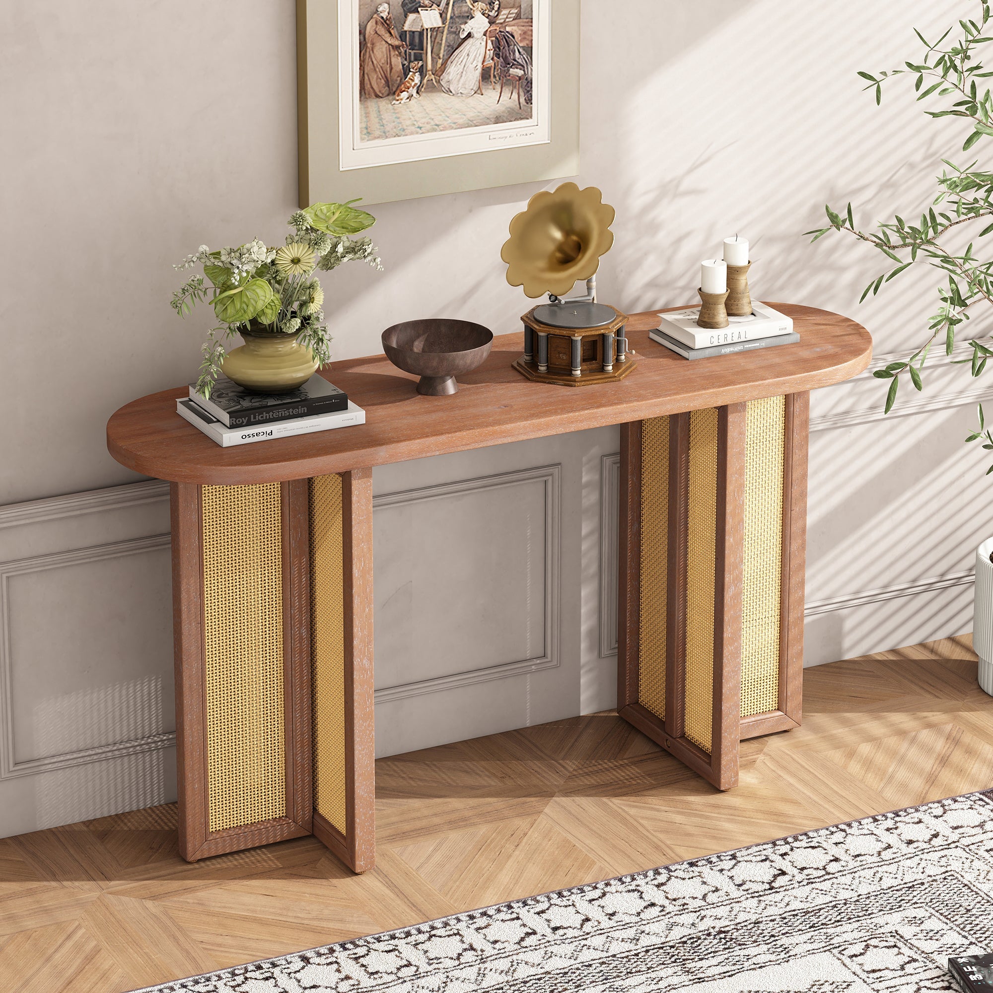TREXM Farmhouse Rattan Console Table Entryway Table, Narrow Console Table with Storage, Hallway Table for Living Room, Entrance (Natural Wood Wash)