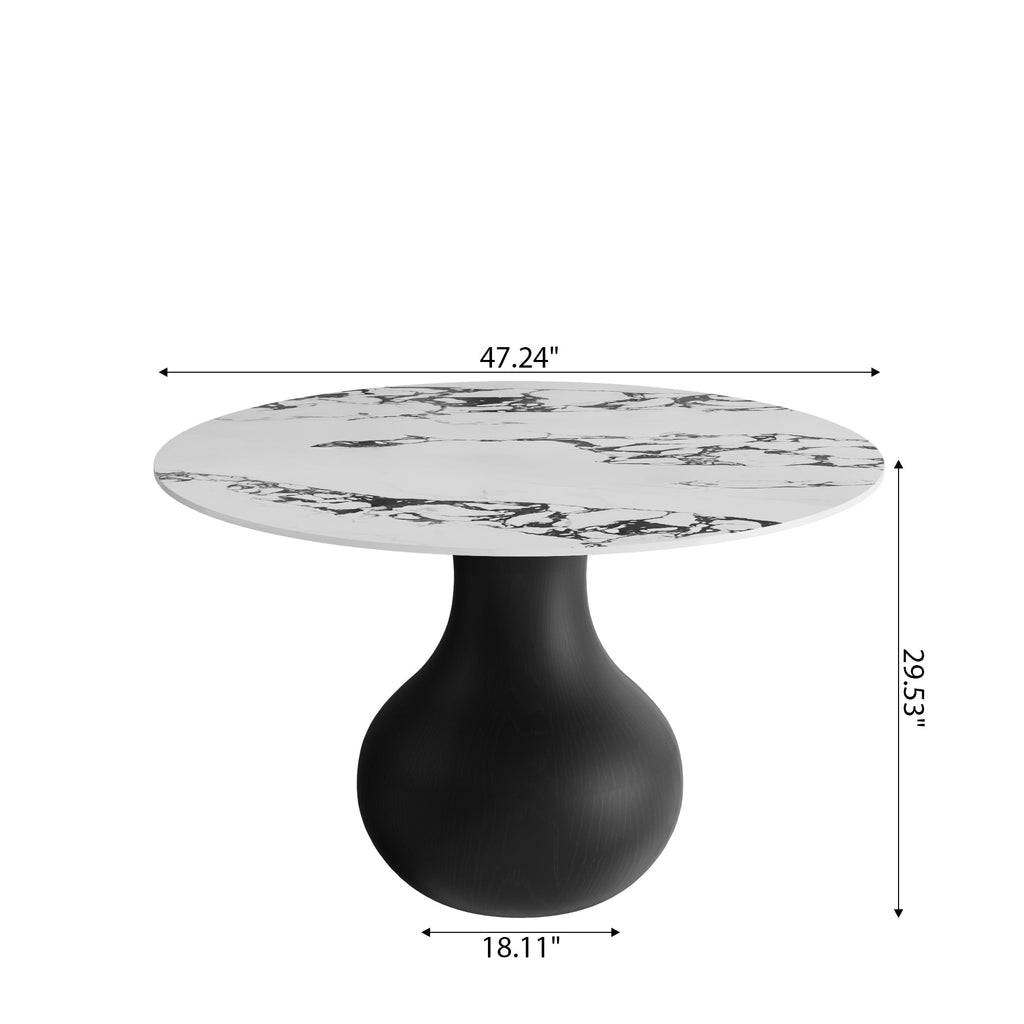 Chic Luxury Black Round Dining Kitchen 47' Table - White Black With Vase-shaped Solid Wood Pedestal For 4