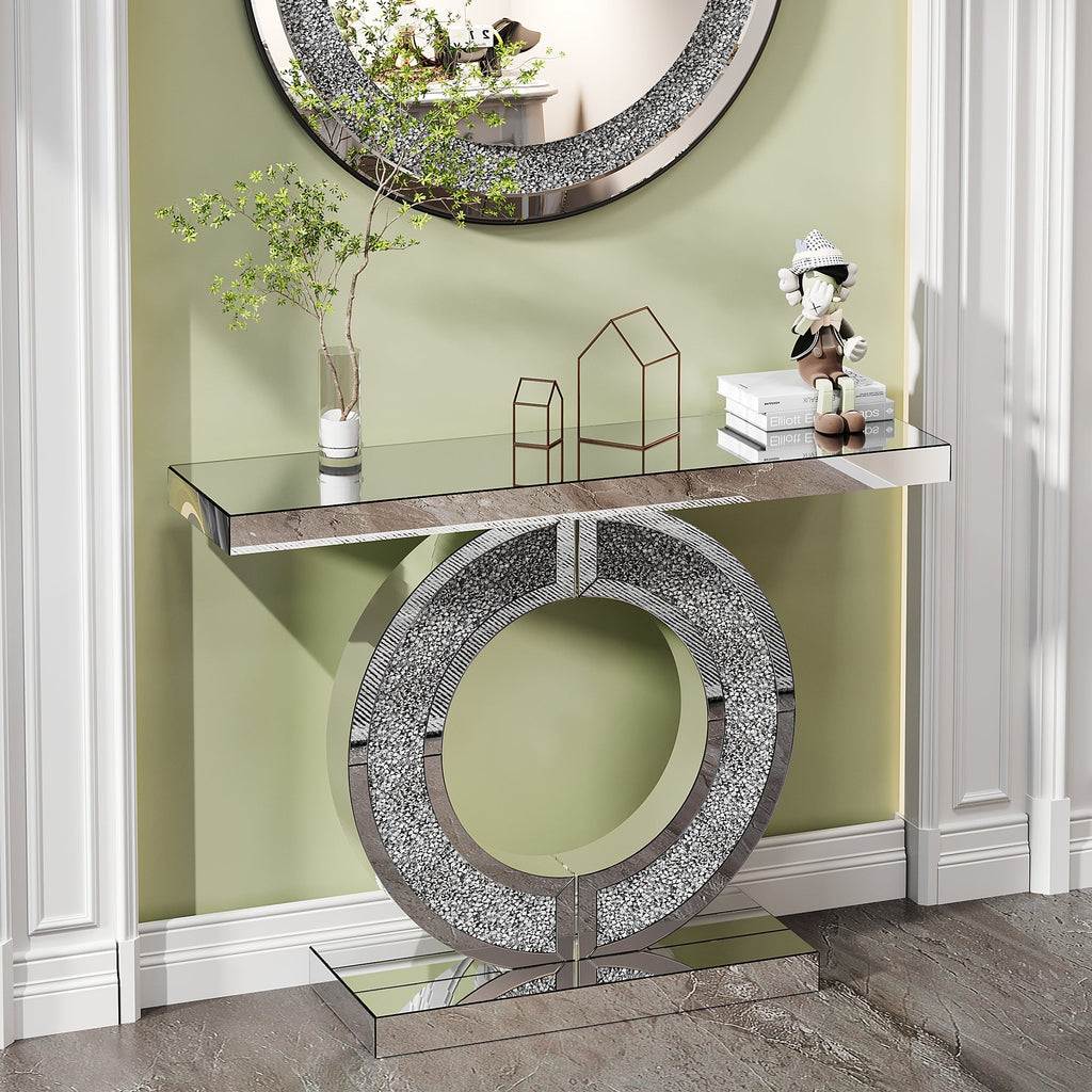 O Shaped Mirror Console Table with Crystal Hallway Entry Home Décor, Handicrafts Mirror Table for Living Room,Mirror Glass Table for Room