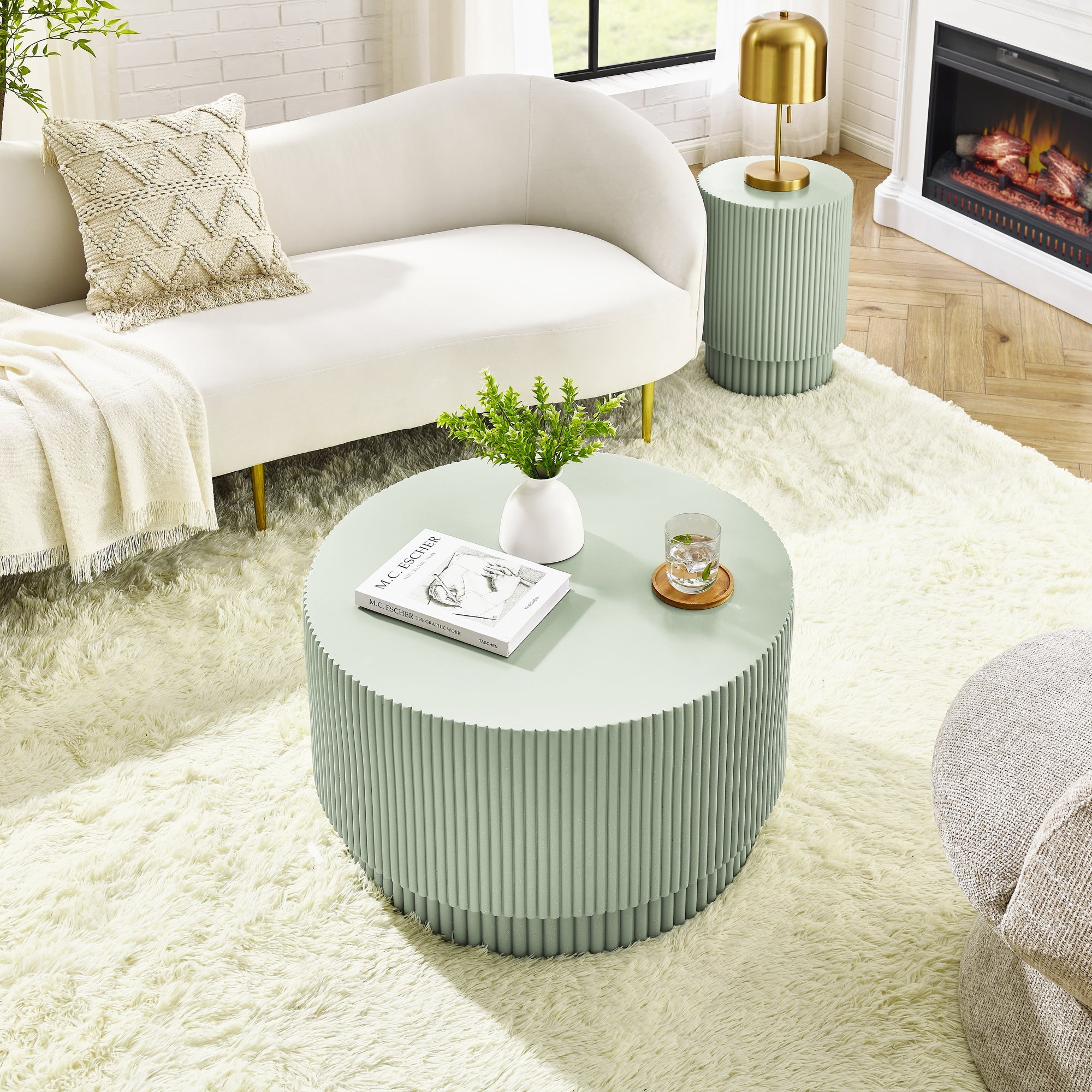 15.72-inch H-barrel coffee table, Nordic style, simple design, suitable for indoor and outdoor use, magnesium oxide material, suitable for living room, bedroom or garden sofa