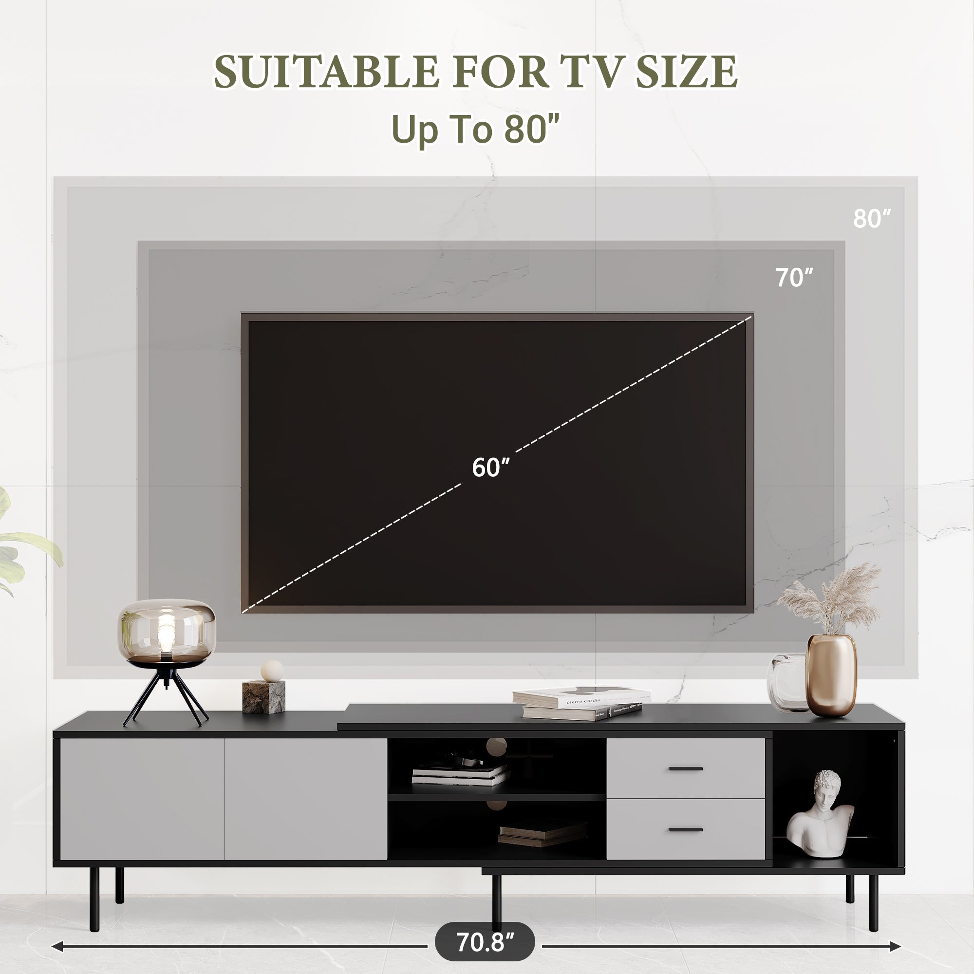 Modern TV Stand for 80'' TV with 2 Doors, Media Console Table, Entertainment Center with Large Storage Cabinet for Living Room, Bedroom