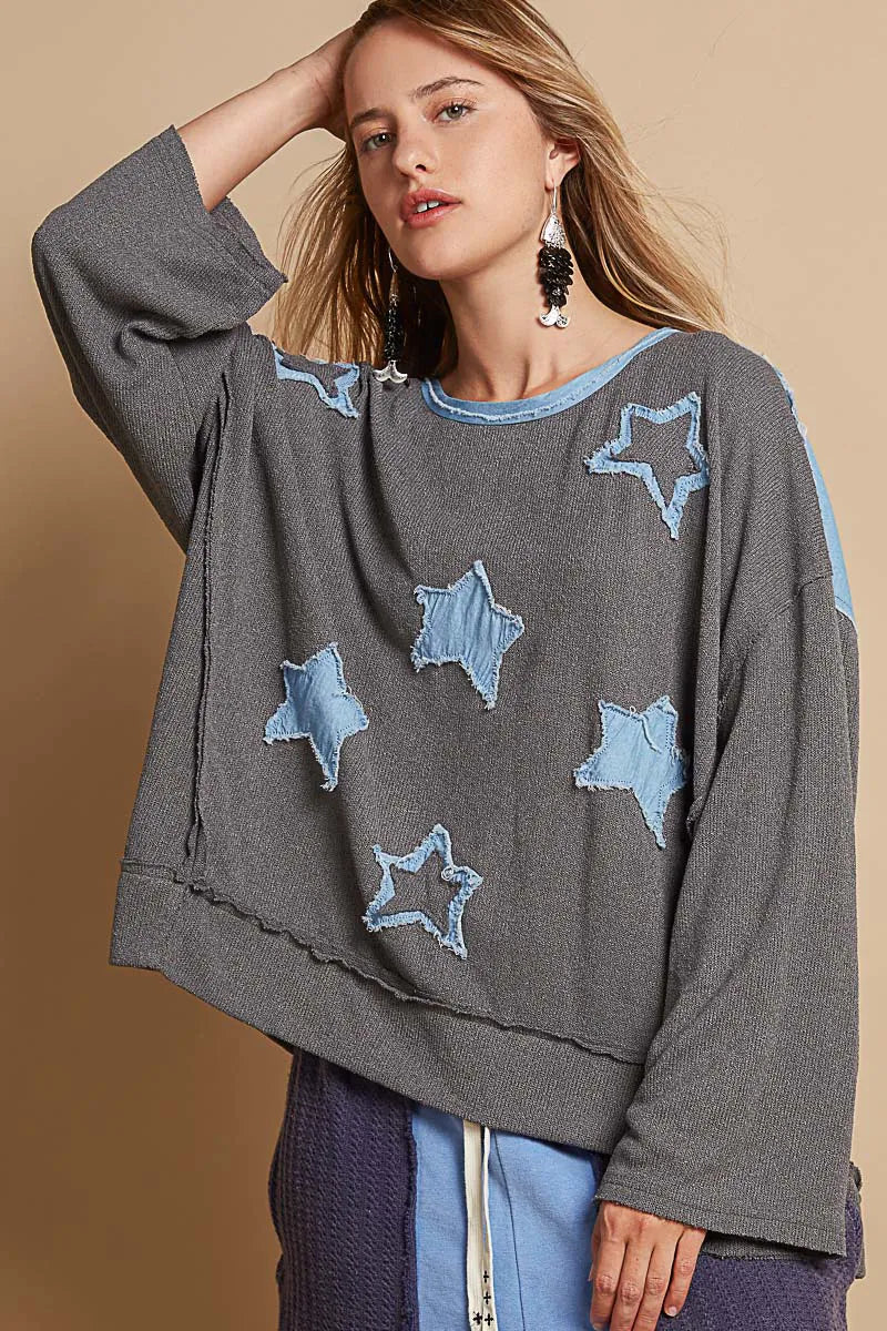 POL Exposed Seam Relaxed Fit Sweater with Star Denim Patch