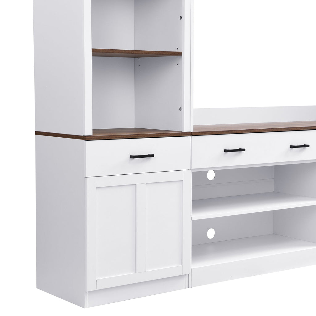 ON-TREND Farmhouse 4-Piece Entertainment Wall Unit Set with Bookshelf for TVs Up to 70', Walnut TV Stand with Adjustable Shelves, Mid-Century Large Media Console with Wine Rack for Living Room, White