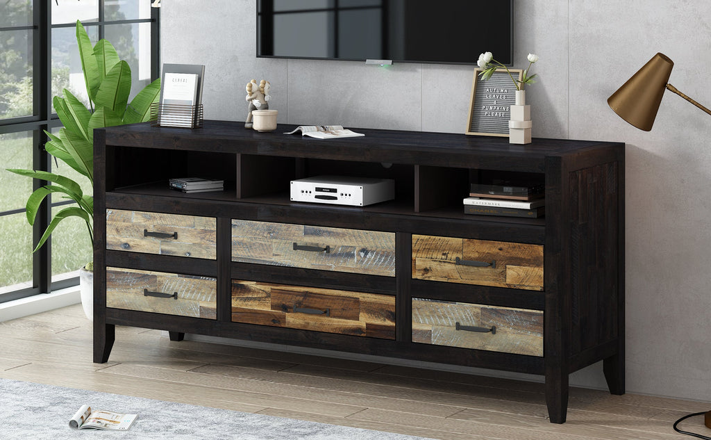 U-Can Retro Distressed Wooden TV Stand for TVs up to 65 Inches, Entertainment Center Media Console with 6 Drawers and 3 Shelves for Living room, Black