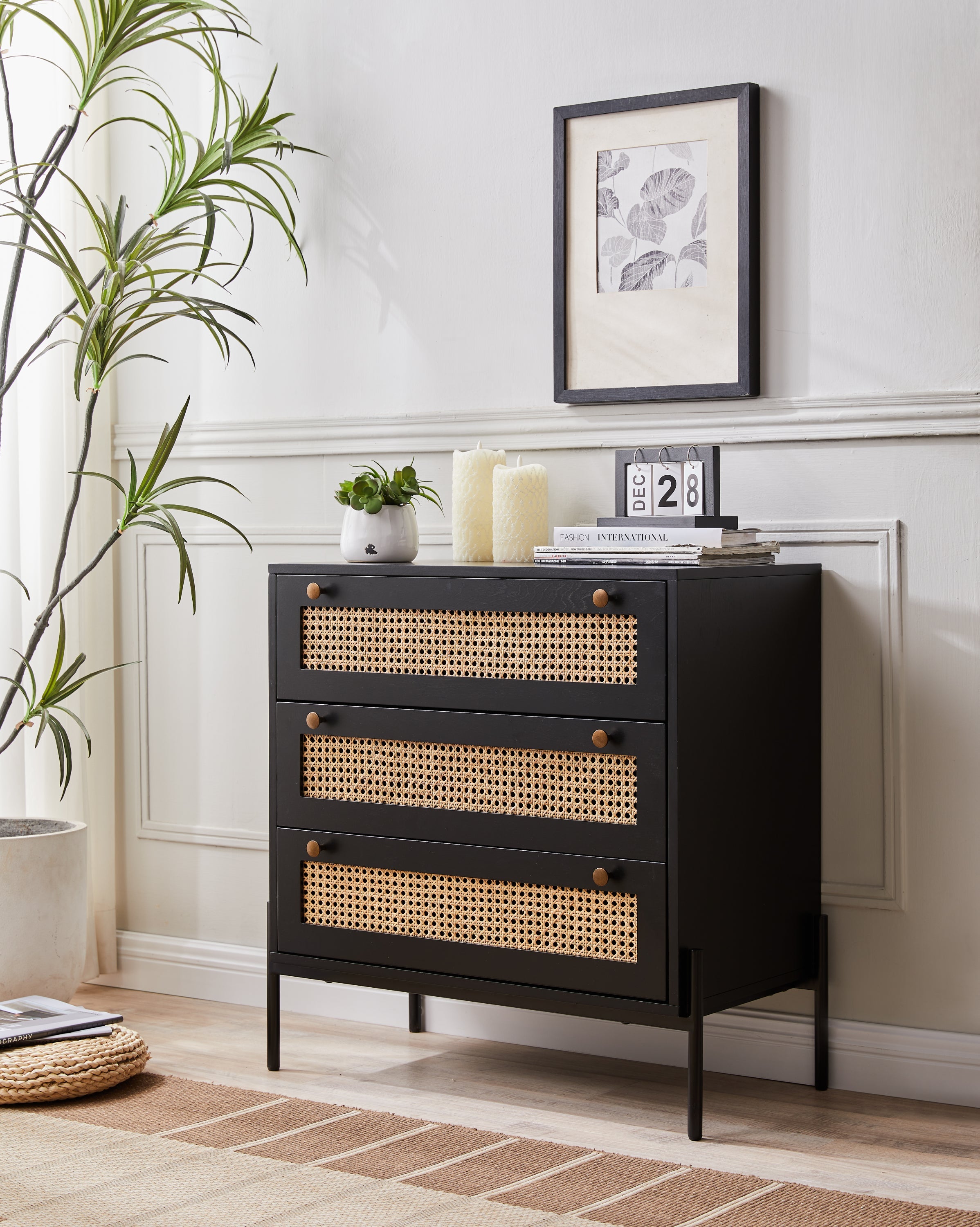 Rattan Storage Cabinet with 3 Large Drawers, Boho Mid-Century Wooden Nightstand Drawer Dresser, Sideboard Buffet Cabinet with Storage for Living Room Dining Room Hallway Bedroom, 30×15.8×30 Inches