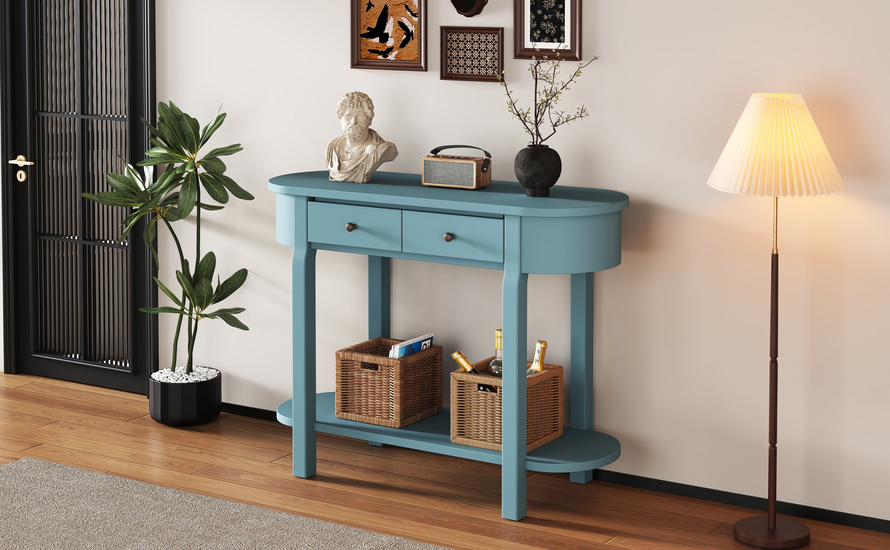 TREXM Elegant Retro Console Table with Curved Design and Smooth Glaze for Entryways, Living Rooms and hallways (Turquoise Green)