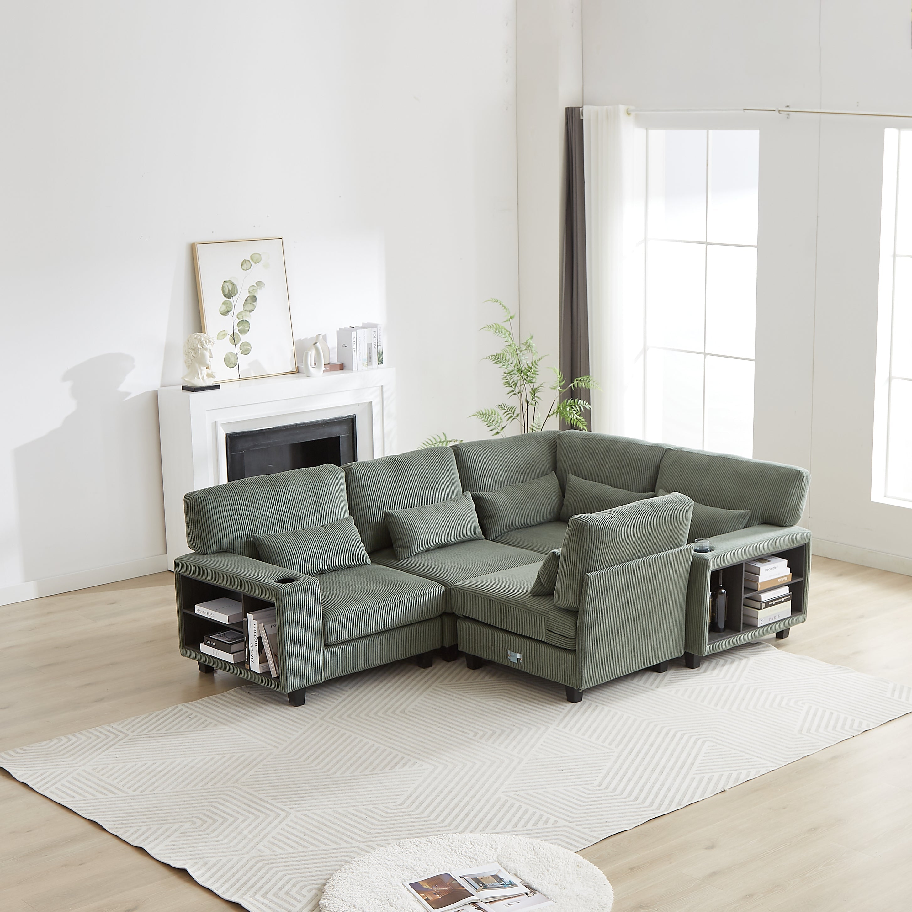 102.75*102.75' L-Shaped Modular Sectional Sofa, Modern Corduroy Sectional Sofa, Arm with Storage With Cup Holder 5-Seat Convertible Sectional Sofa for Living Room, Bedroom, Lounge and Projection Room