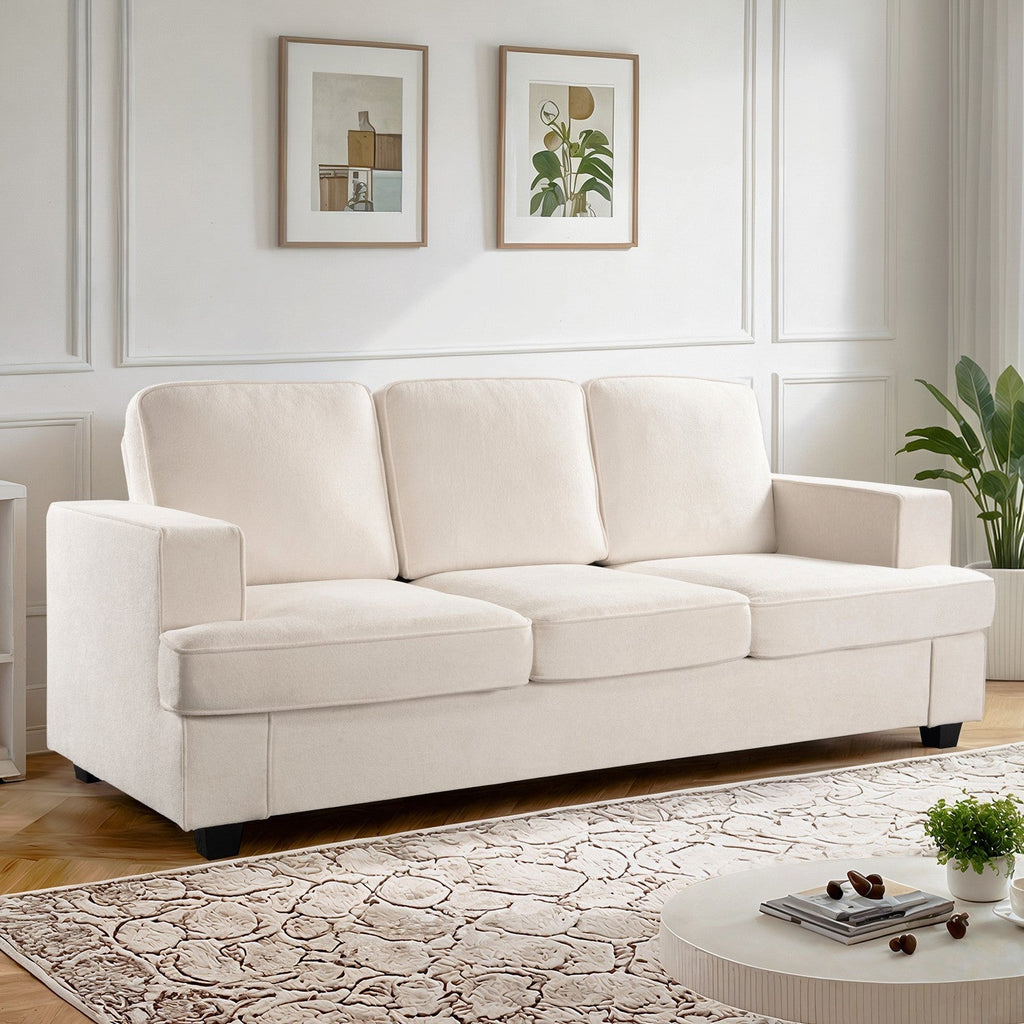 Modern Velvet Sofa, Comfortable 3 Seater Couch with Deep Seating and High-Density Foam, Loose Back Cushions, Wide Arms, Living Room Furniture for Home, Apartment, Office, Ivory