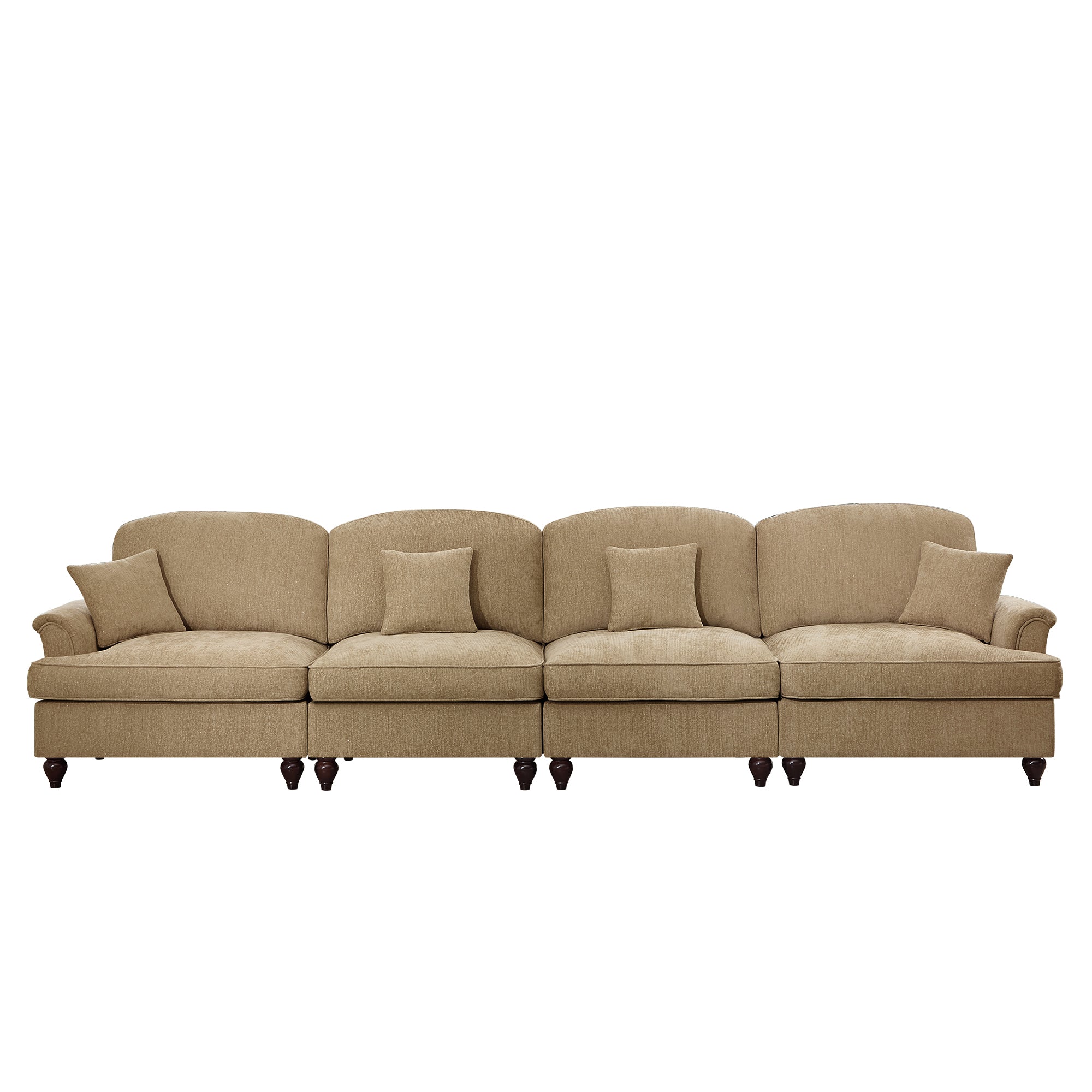 Elegant Mid Century Large 4 Seater Sofa Couch with Flared Arms and Removable Ruffles Pleats Skirts and Spindle Legs, Comfy Chenille Four-Seat Sofa for Living Room, Light Coffee