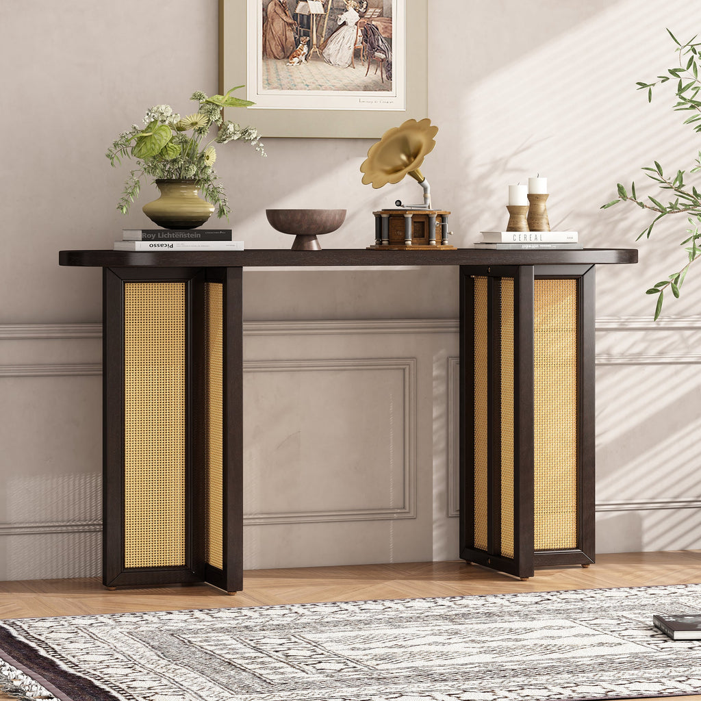 TREXM Farmhouse Rattan Console Table Entryway Table, Narrow Console Table with Storage, Hallway Table for Living Room, Entrance (Espresso)