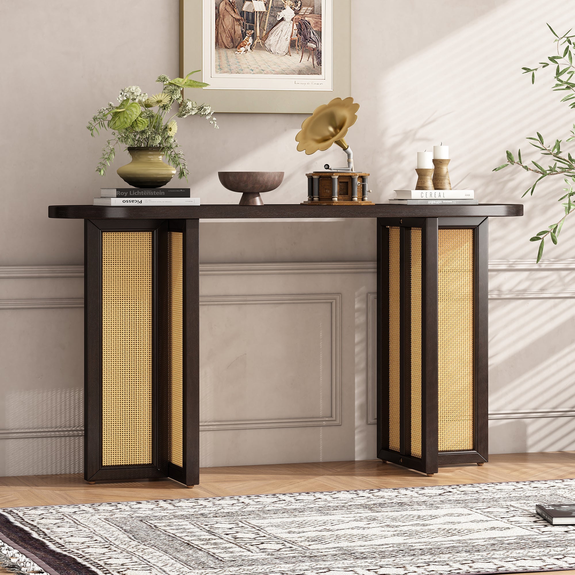 TREXM Farmhouse Rattan Console Table Entryway Table, Narrow Console Table with Storage, Hallway Table for Living Room, Entrance (Espresso)