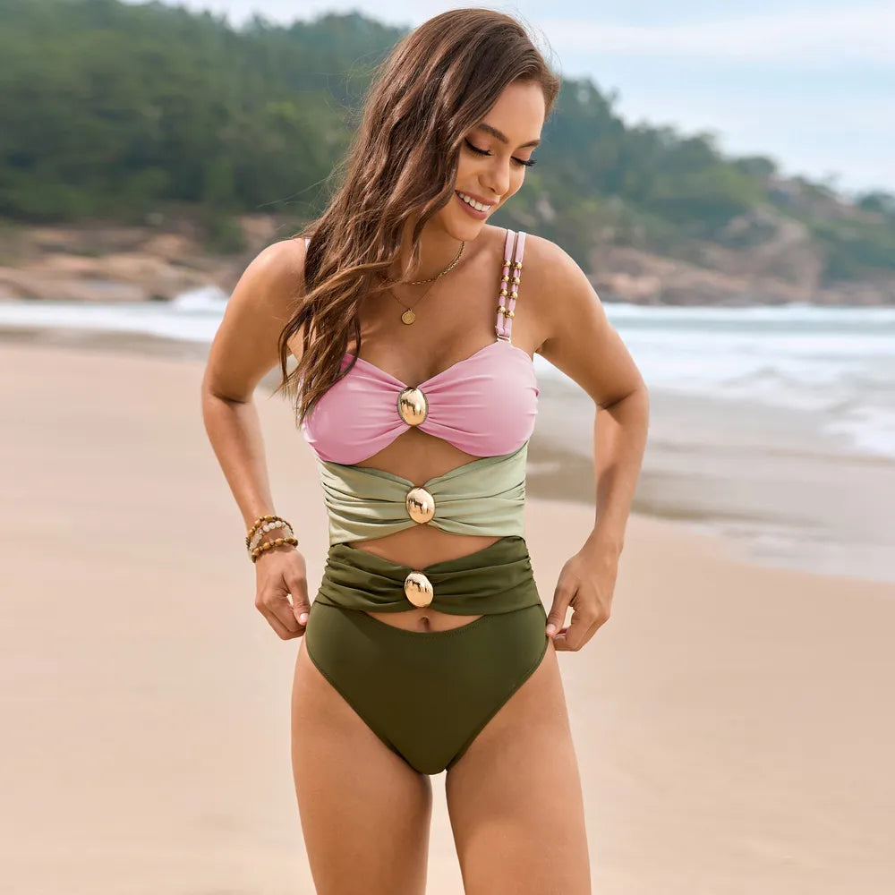 Color Block Sweetheart Neck One-Piece Swimwear