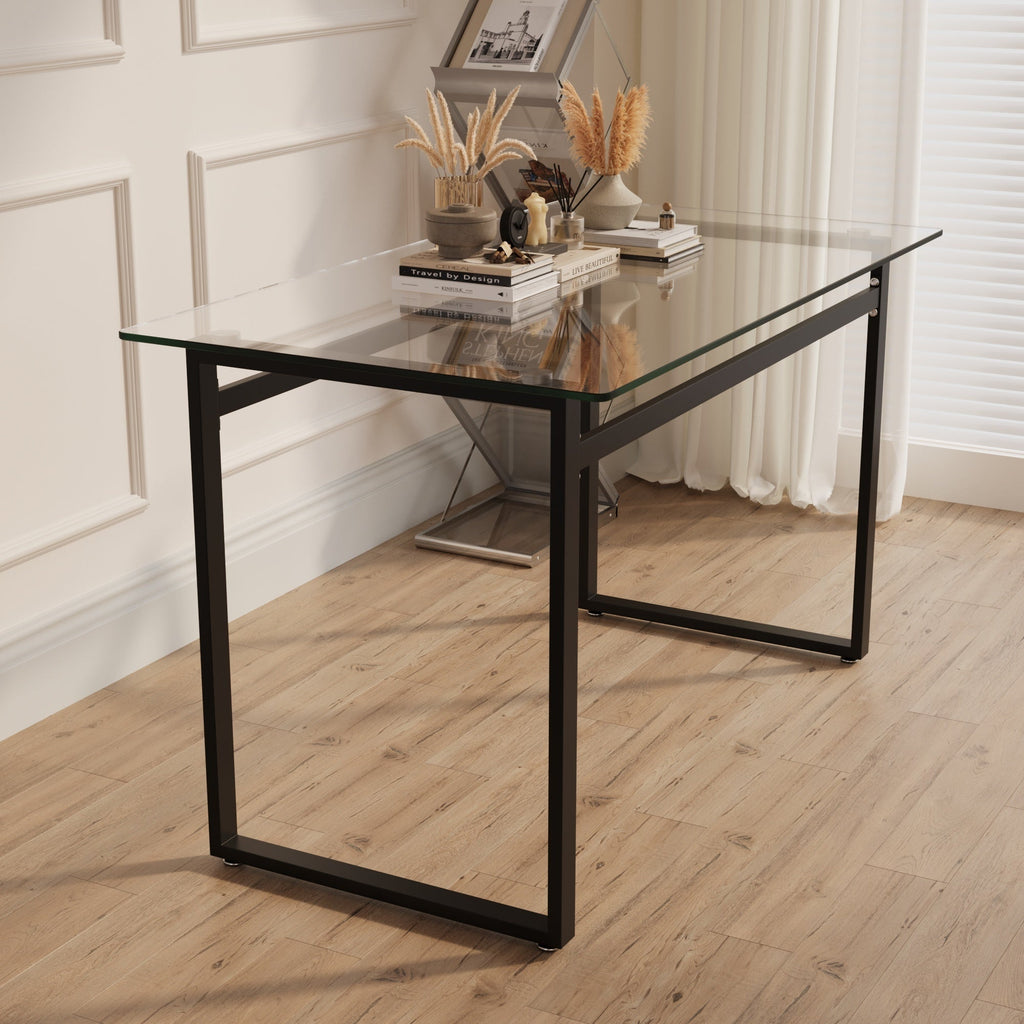 Modern Minimalist Rectangular Glass Dining Table for 4-6 with Tempered Glass Tabletop and Black Chrome Metal Legs