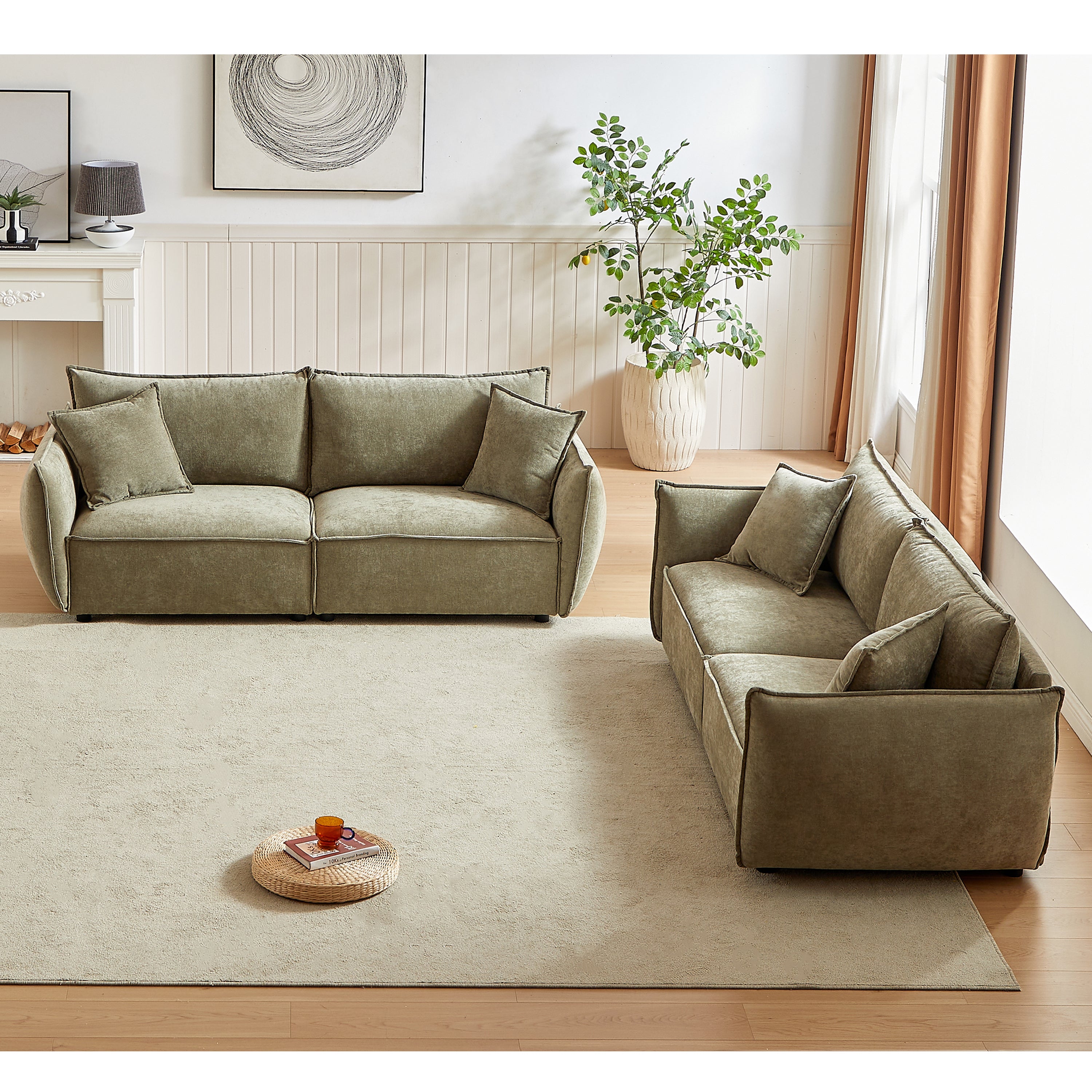 3-Seater + 3-Seater Combo Sofa Modern Living Room Sofa, Linen Fabric Sofa, Wooden Frame with 4 Pillows, Apartment Sofa Furniture