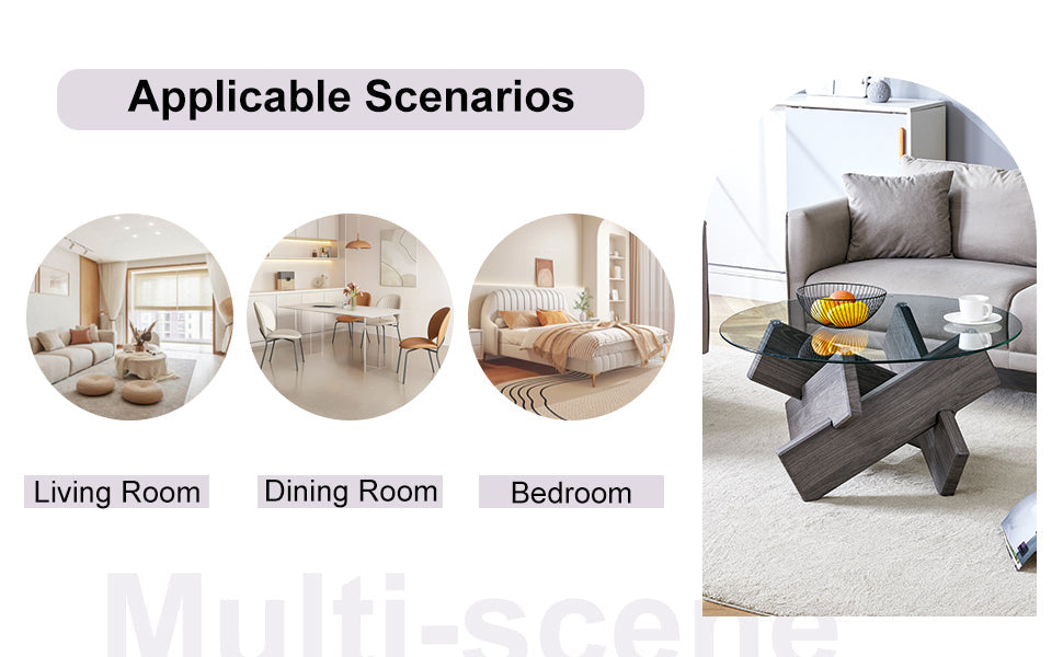 Round glass coffee table, 33.4" modern design unique coffee table. Tempered glass top with grey patterned MDF legs. Suitable for living and dining rooms