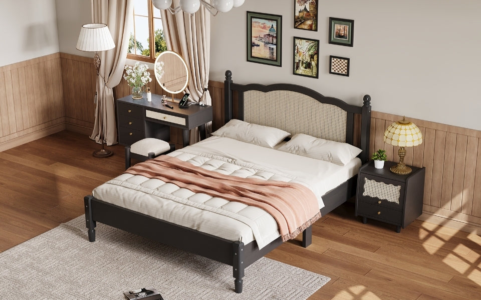 3 Pieces Bedroom Set with Full Size Wooden Bed Frame, 1 Vintage  Nightstand and 1 Makeup Vanity Set with Stool,Black