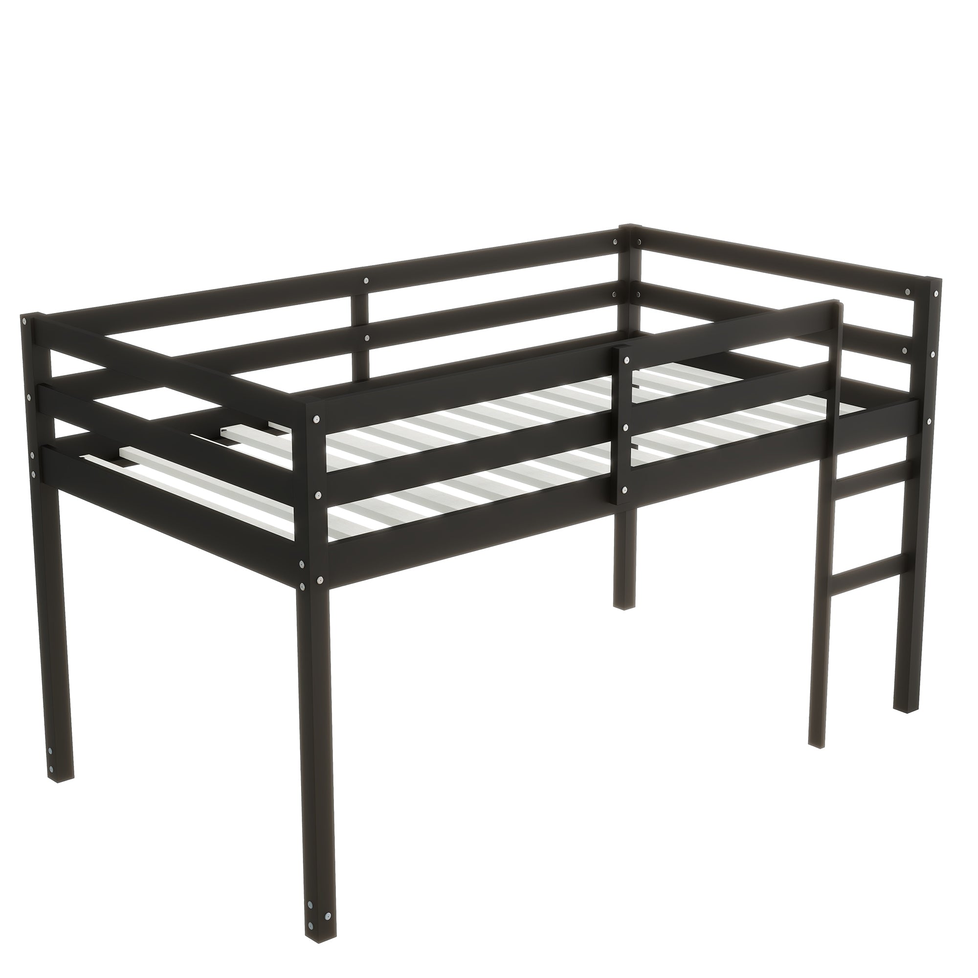 Solid Wooden, Rubber Wooden Twin Loft Bed with Ladder, Bed Platform of Strengthened Slats , Black