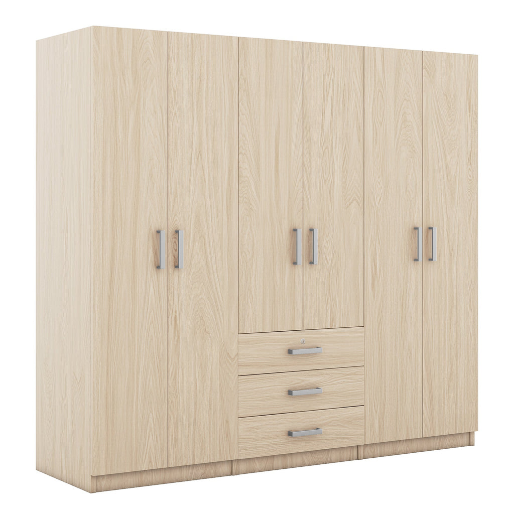 6-Doors Wooden Wardrobe Storage for Bedroom, with Big Drawers, Gray