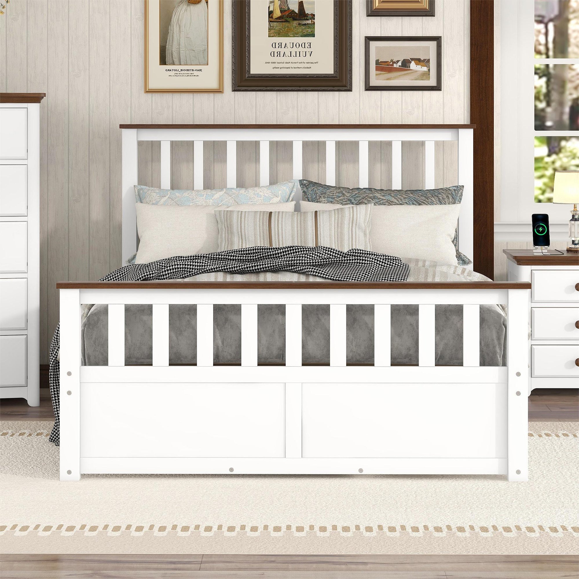 Full Size Wood Platform Bed with Two Drawers and Wooden Slat Support,White+walnut