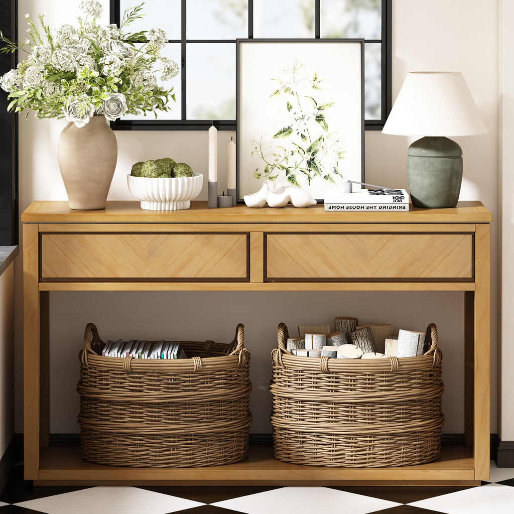 TREXM 55' Console Table, Rustic Wooden Entryway Table with Storage Drawers and Open Shelf, Elegant Sofa Table for Hallway and Living Room (Natural)