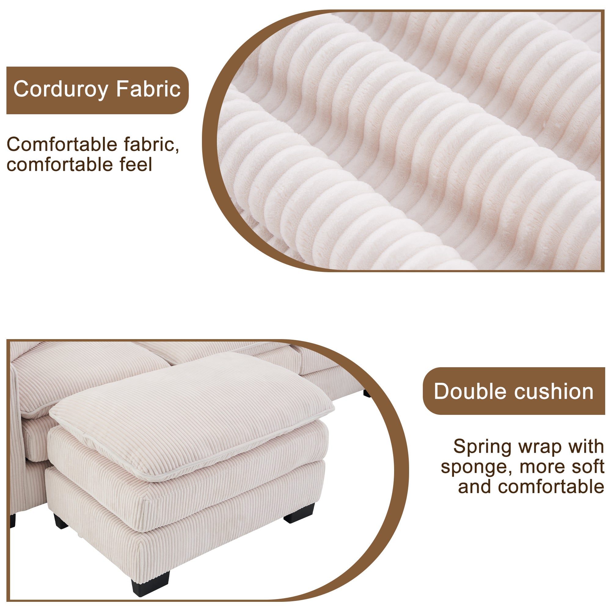 Modern U Shaped 6-seat Sectional Sofa Couch with one Ottoman and three toss pillows ,Modular Sofa for Living Room,Corduroy sofa