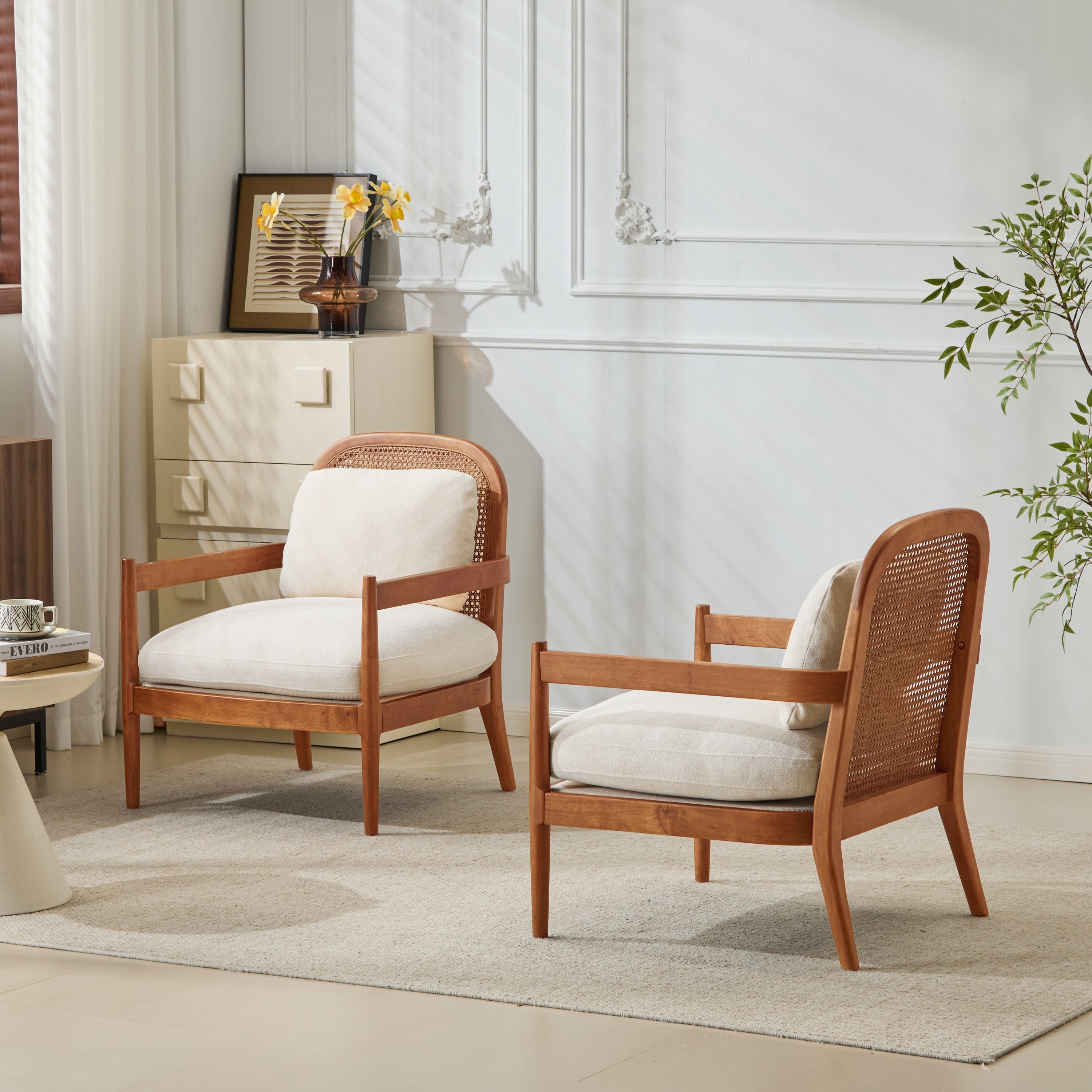 [Set of 2] 26.6' Mid-Century Modern Accent Chair with Light Brown Finish Solid Wood Frame and Rattan Backrest, Beige Cushion, Comfy Armchairs for Living Room, Bedroom, Reading Nook