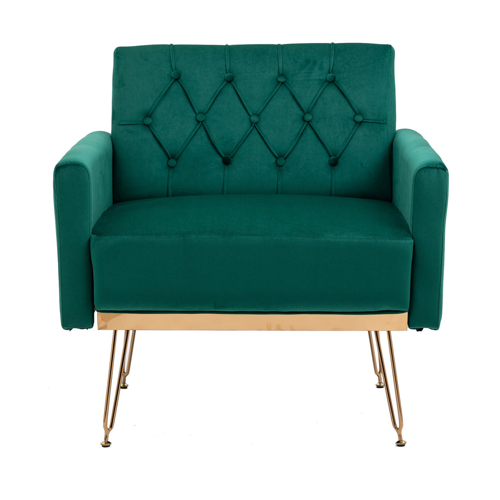 COOLMORE Velvet Armchair Single Sofa Modern Tufted Upholstered Side Reading Chairs with Arm and Gold Metal Leg for Living Room Bedroom (Green)