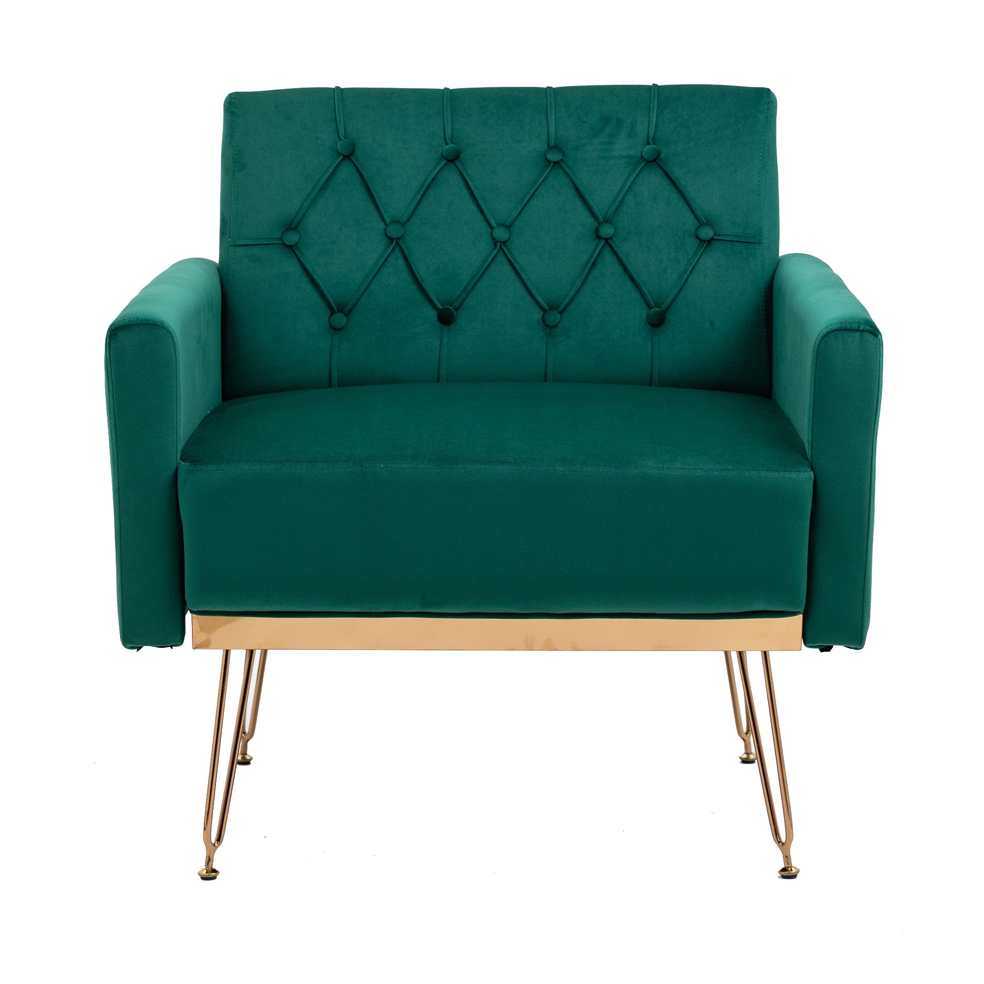 COOLMORE Velvet Armchair Single Sofa Modern Tufted Upholstered Side Reading Chairs with Arm and Gold Metal Leg for Living Room Bedroom (Green)