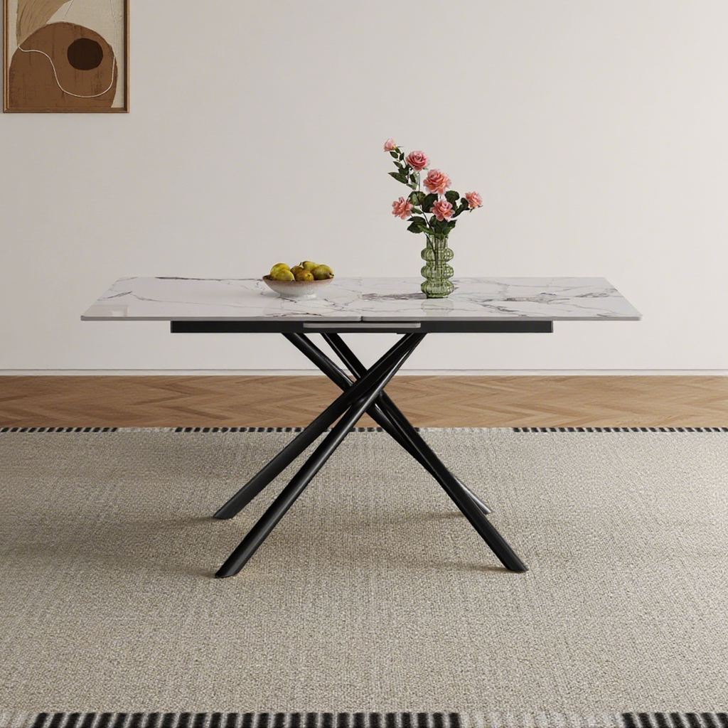59-inch Modern rectangle Expandable Dining Table with Retractable Leaf, Sintered Stone Top & Black Carbon Steel X-Base, Sturdy 4-6 Person Table for Small Apartments, Kitchen, Dining Room