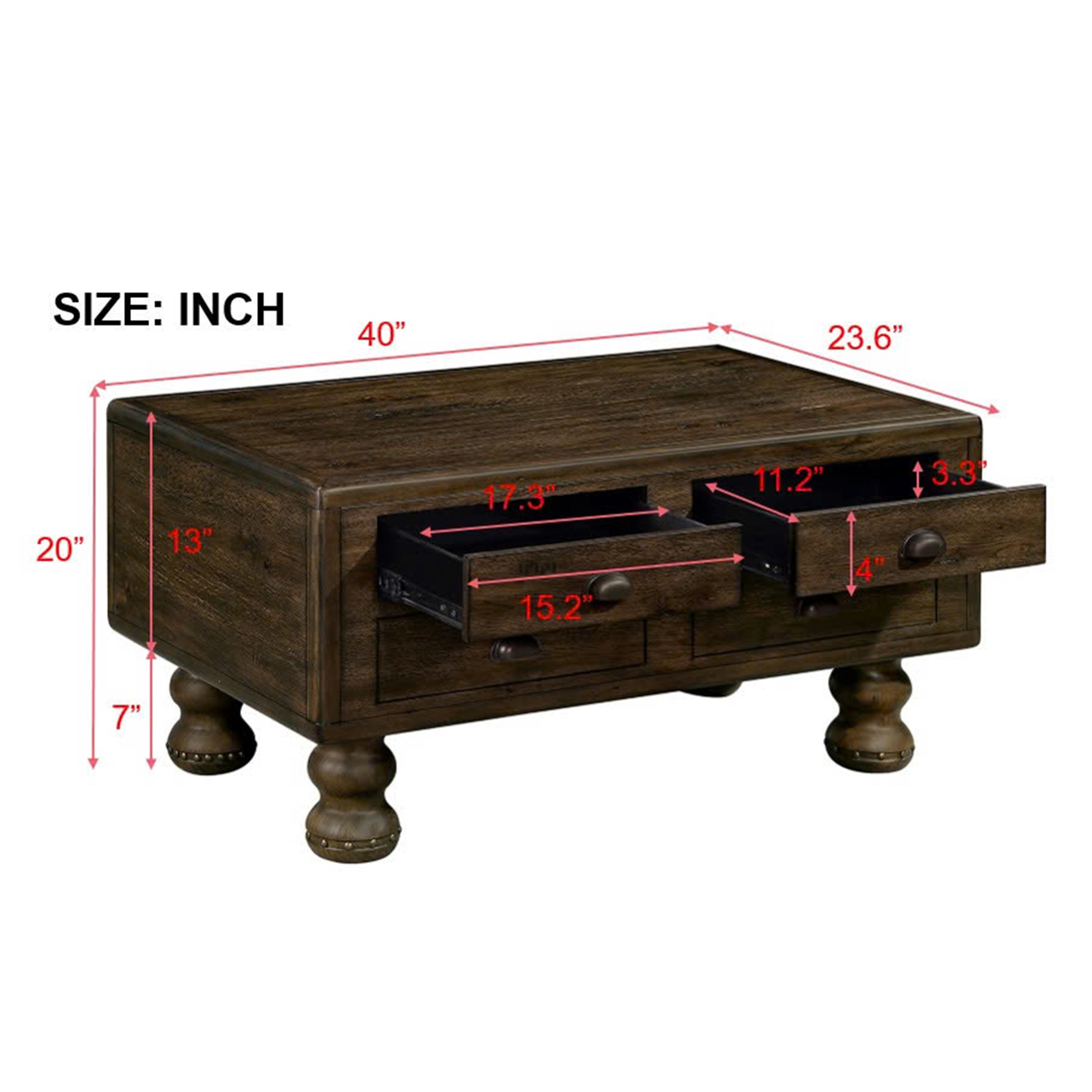 Solid Wood Rectangle Coffee Table for Living Room, 40-Inch Antique Coffee Table with 4 Drawers, Wood Center Table Tea Table with Rivet Decoration Legs.Easy Assembly, Espresso