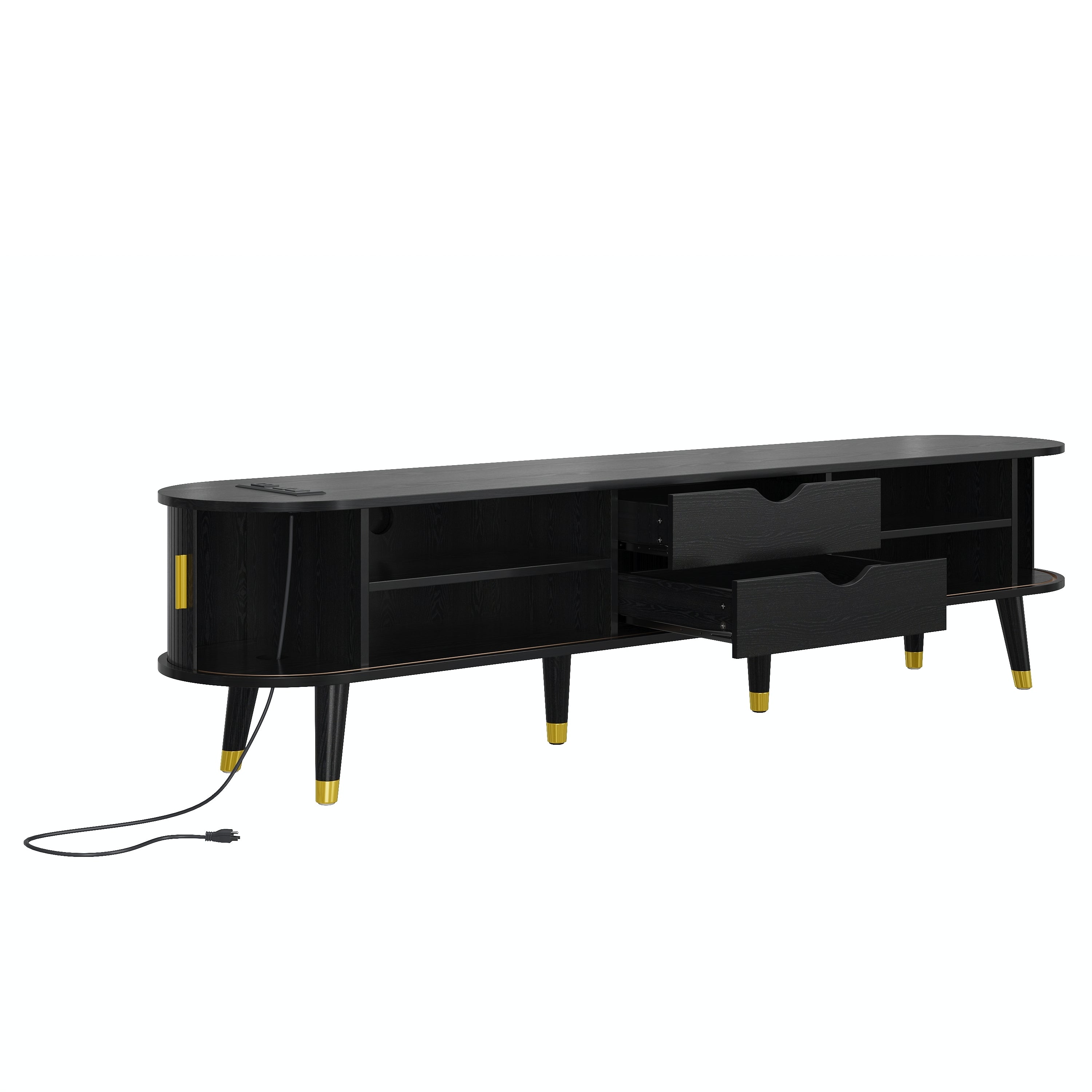 Wooden Oval Fluted TV Stand with Charging Station for TV up to 80', Mid-Century Media Console with Sliding Tambour Door, Farmhouse TV Cabinet with Golden Handle for Living Room, Black