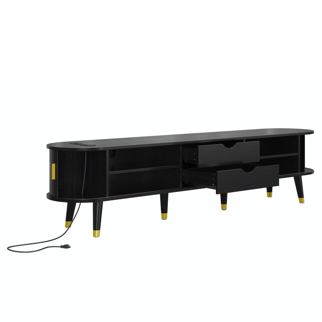 Wooden Farmhouse TV Stand & Coffee Table Set with Charging Station, Oval Fluted Media Console with Sliding Doors for TVs up to 80', Mid-Century Center Table with Solid Wood Legs for Living Room,Black