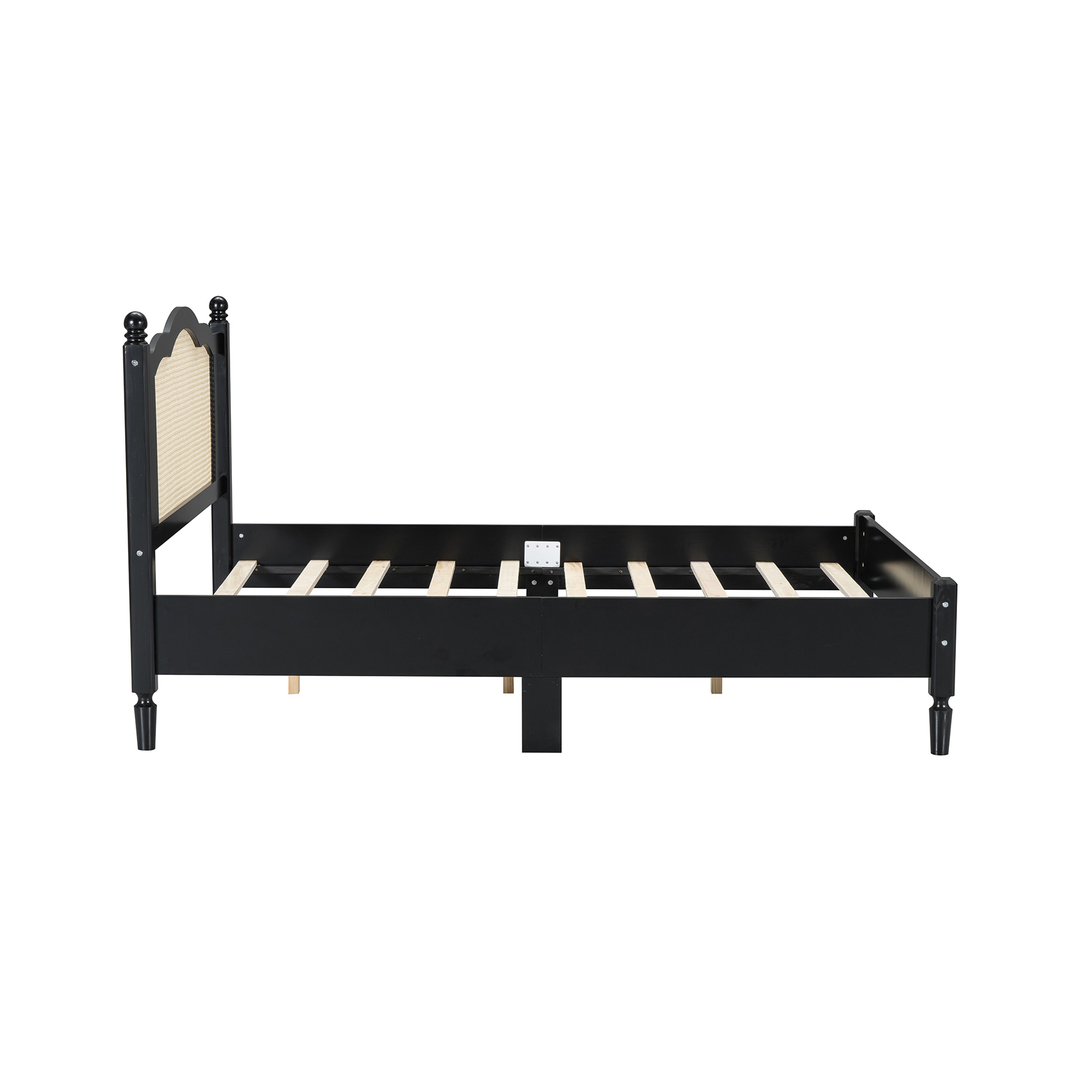 Full Size Wooden Platform Bed with Natural Rattan Headboard, Vintage Bed Frame with Wooden Slat Support, Black