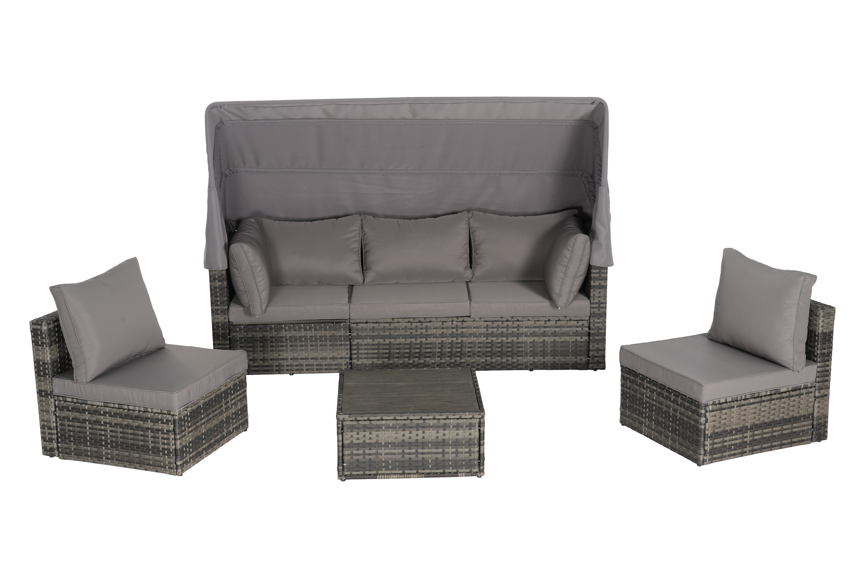 5 Pieces Outdoor Patio Wicker Daybed Furniture Set with Retractable Canopy, Storable Side Table, and Soft Cushions for Relaxing in Your Backyard or Porch