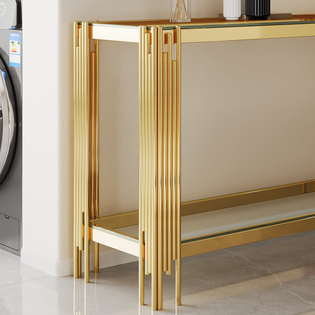 Top and Bottom Double Layer Tempered Glass Console Table and Mirror Finished Stainless Steel Frame