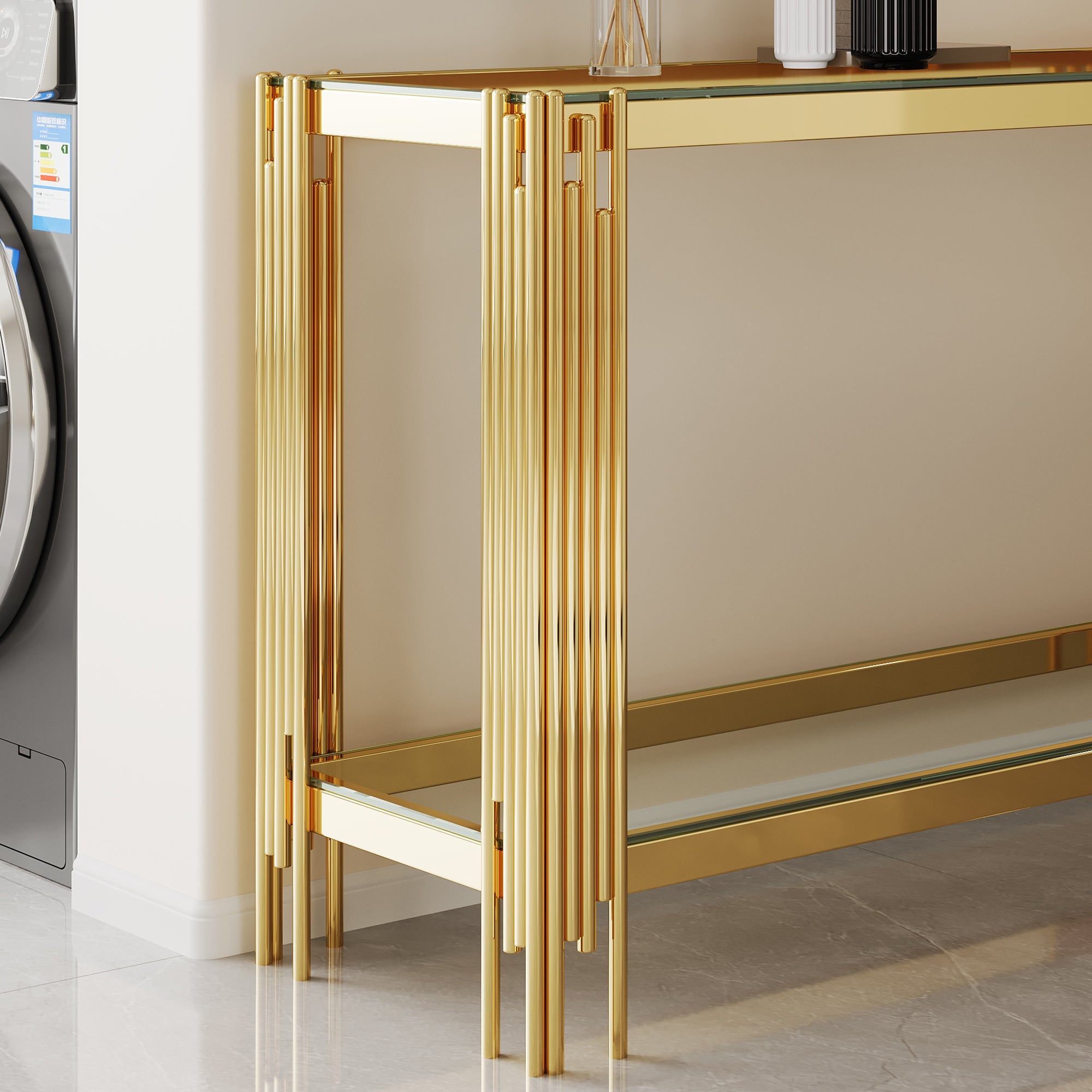Top and Bottom Double Layer Tempered Glass Console Table and Mirror Finished Stainless Steel Frame