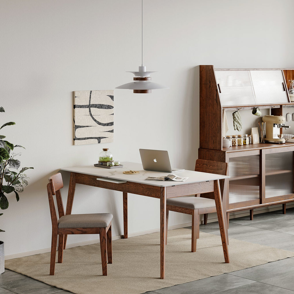 Walnut Solid Oak and White Slate Telescopic Dining Table for 6-8 People, Wood (Walnut Color)