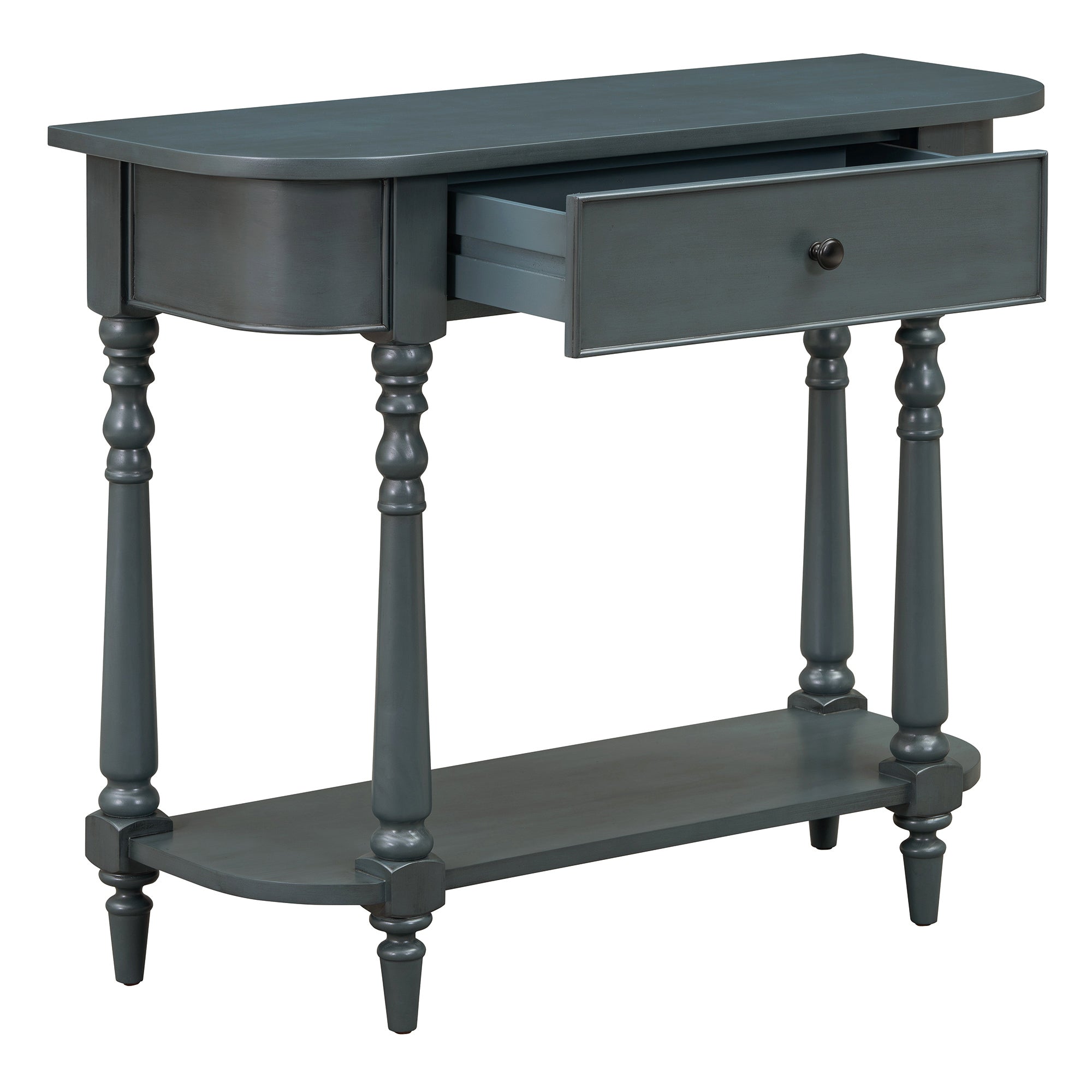 TREXM Narrow Console Table with Curved Corner, Retro Entryway Table with Top Drawer and Open Shelf, Sofa Table Console Tables for Entryway, Hallway and Living Room (Navy)