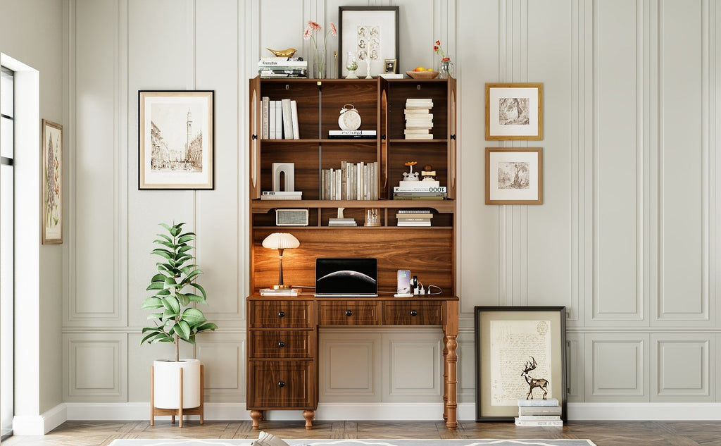 47'' Retro Desk with Charging Ports and Hutch Cabinet, Office Desk with 5 Storage Drawers and Transparent Glass-Door Bookshelf, Executive Computer Desk for Home Office, Bedroom, Walnut