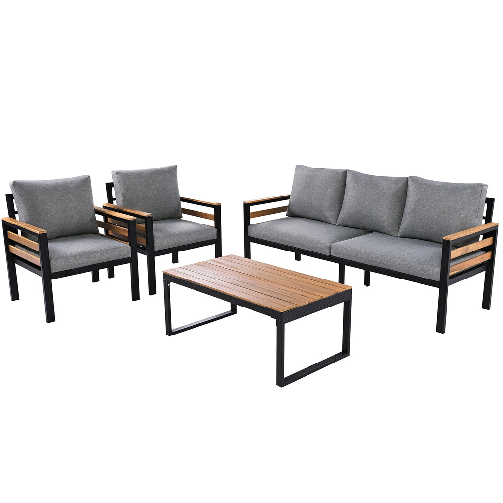 GO 4-Piece Outdoor Furniture Sofa Set for 5 People with  Acacia Wood Armrests, Patio Conversation Set with Removable Cushion and Solid Wood Coffee Table  for Garden and Backyard, Grey