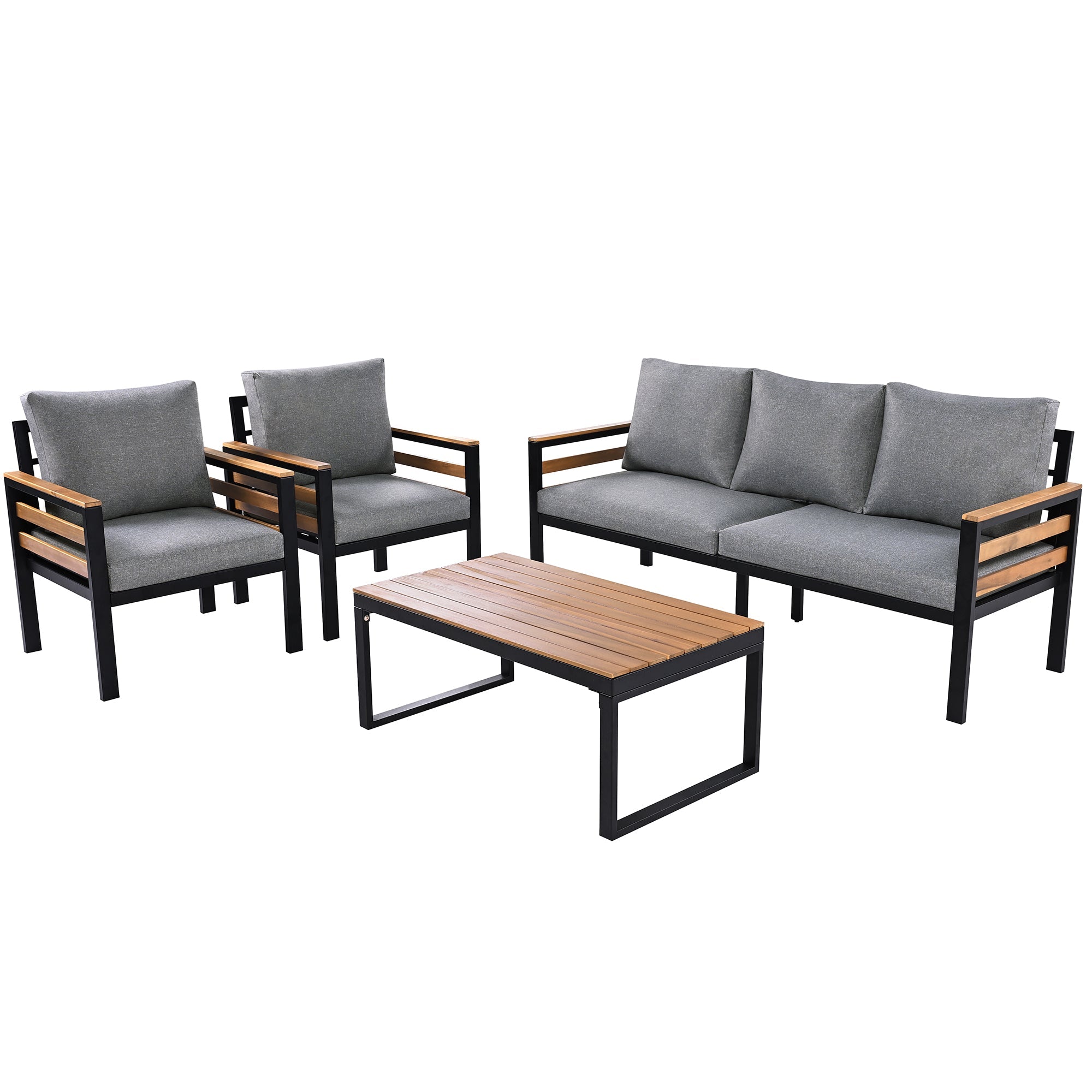 GO 4-Piece Outdoor Furniture Sofa Set for 5 People with  Acacia Wood Armrests, Patio Conversation Set with Removable Cushion and Solid Wood Coffee Table  for Garden and Backyard, Grey