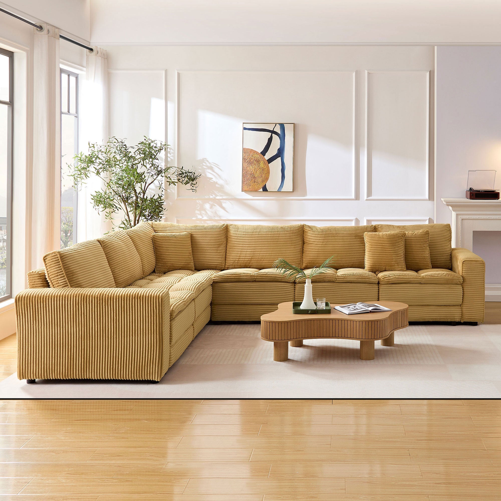 6 Seats,Oversized Sectional Sofa,L Shaped Corner Couch with Detachable Seat & Back Cushion, Corduroy Upholstery Convertible Sleeper Sofa&Couch for Living Room