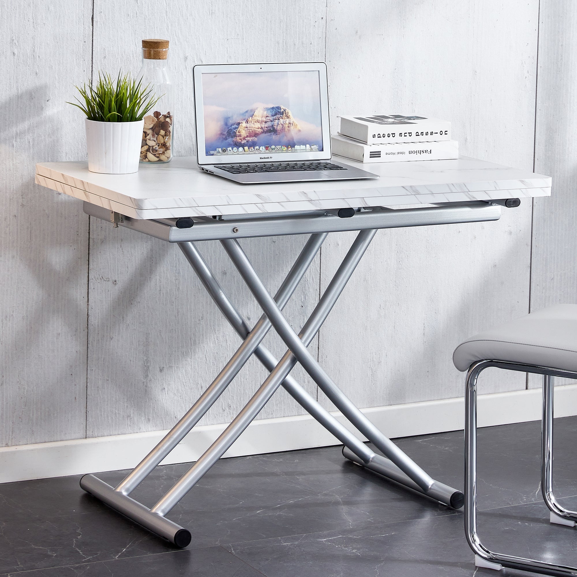 Modern minimalist multifunctional lift table with 0.8 inch MDF desktop and silver metal legs, can be used as a dressing table, coffee table, dining table, and office table