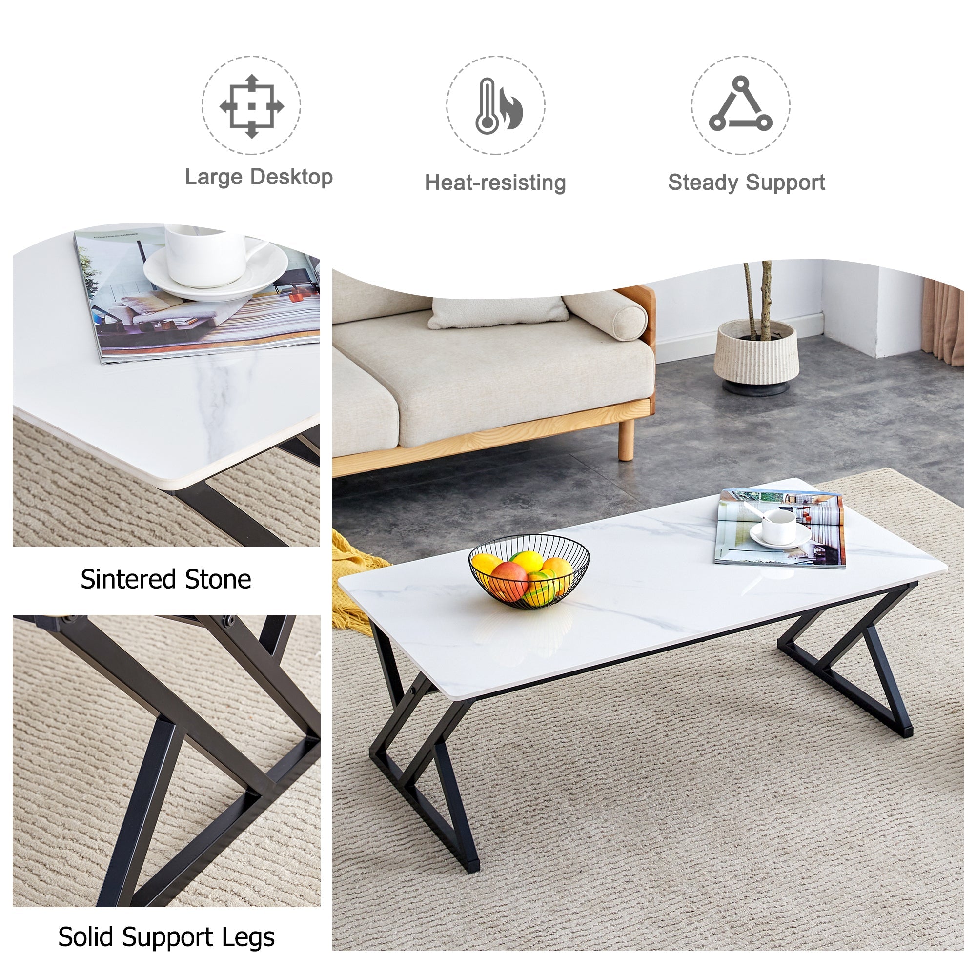 A coffee table made of rock slab material, with a smooth and natural surface that complements the modern design of the black metal legs, making it suitable for living rooms of all sizes.47*23.6
