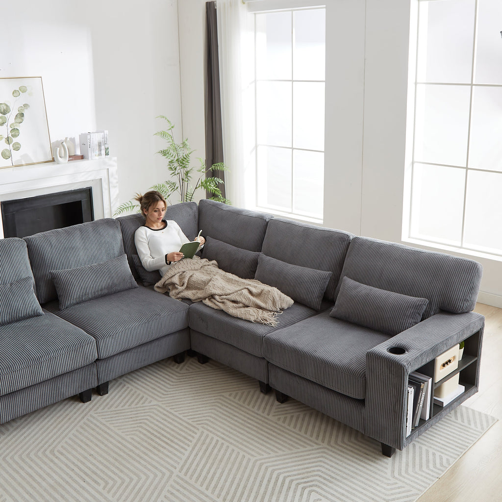 102.75*102.75' L-Shaped Modular Sectional Sofa, Modern Corduroy Sectional Sofa, Arm with Storage With Cup Holder 5-Seat Convertible Sectional Sofa for Living Room, Bedroom, Lounge and Projection Room