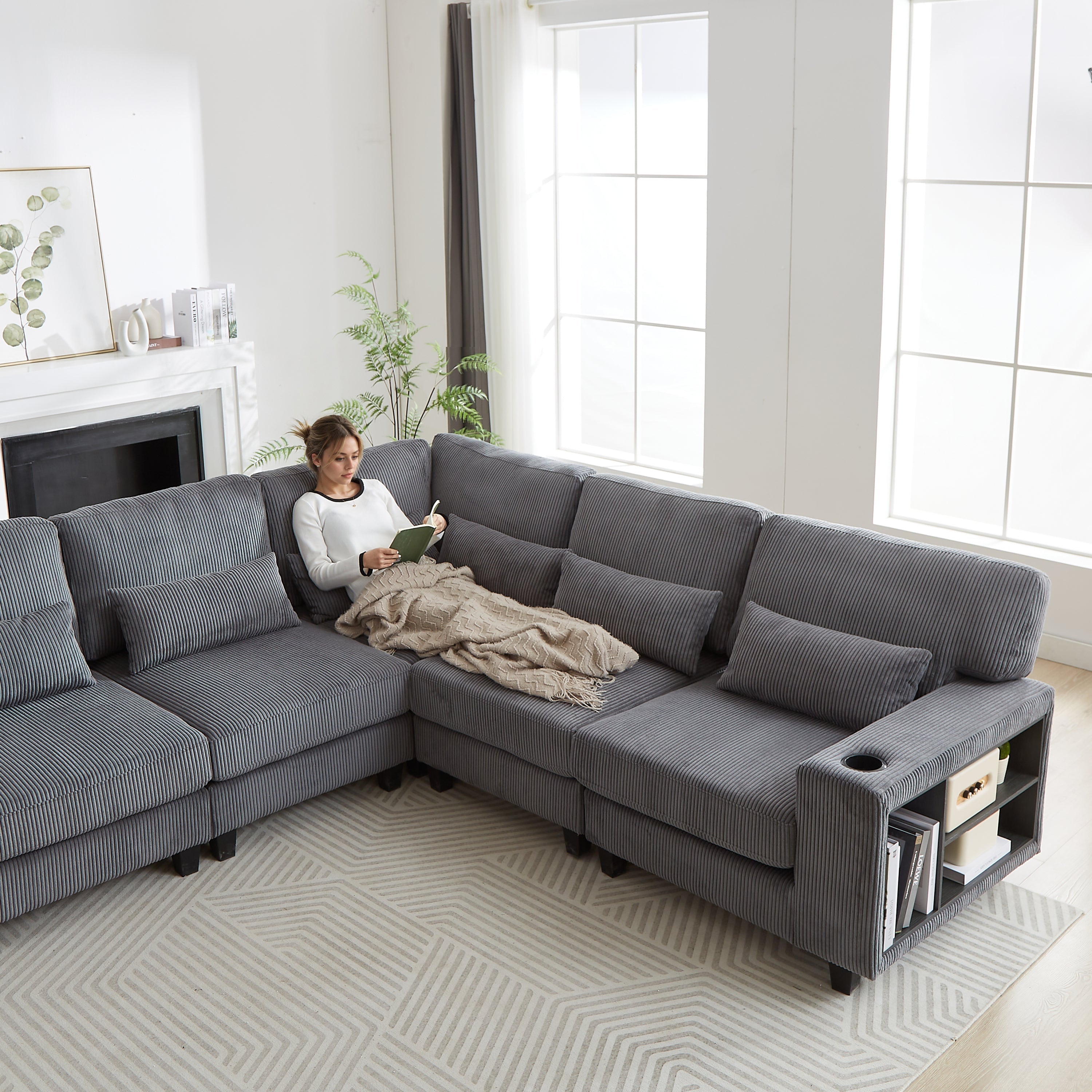 102.75*102.75' L-Shaped Modular Sectional Sofa, Modern Corduroy Sectional Sofa, Arm with Storage With Cup Holder 5-Seat Convertible Sectional Sofa for Living Room, Bedroom, Lounge and Projection Room