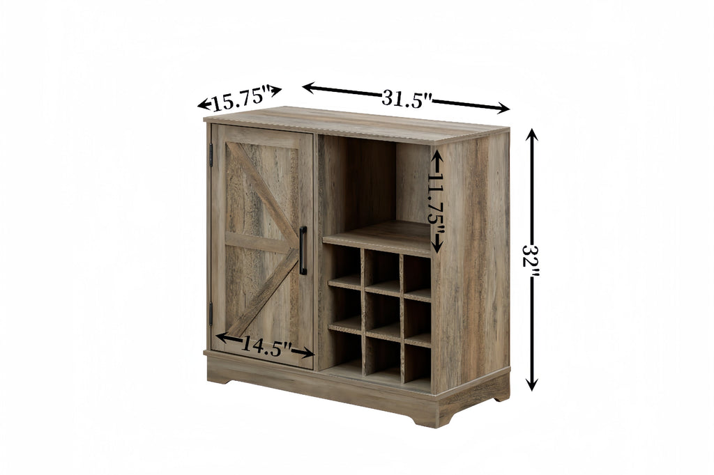 Farmhouse Coffee Bar Cabinet Bar Cabinet with Wine Rack Barn Door Buffet Sideboard Cabinet with Drawer, Adjustable Storage Shelves, Living Room, Dining Room 31.5*15.75*31.5Gray Wash