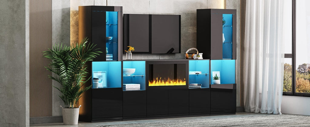 ON-TREND Modern TV Stand with 34.2' Non-heating Electric Fireplace, High Gloss Entertainment Center with LED Lights, Media Console with Tempered Glass Shelves for TVs up to 75', Black