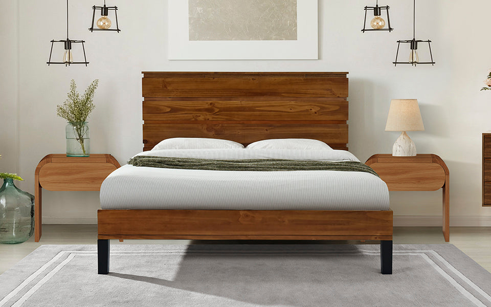 Mid-Century Modern Solid Wood Bed Frame Full Size Platform Bed with Six-Piece Headboard Design, No Box Spring Needed, Brown